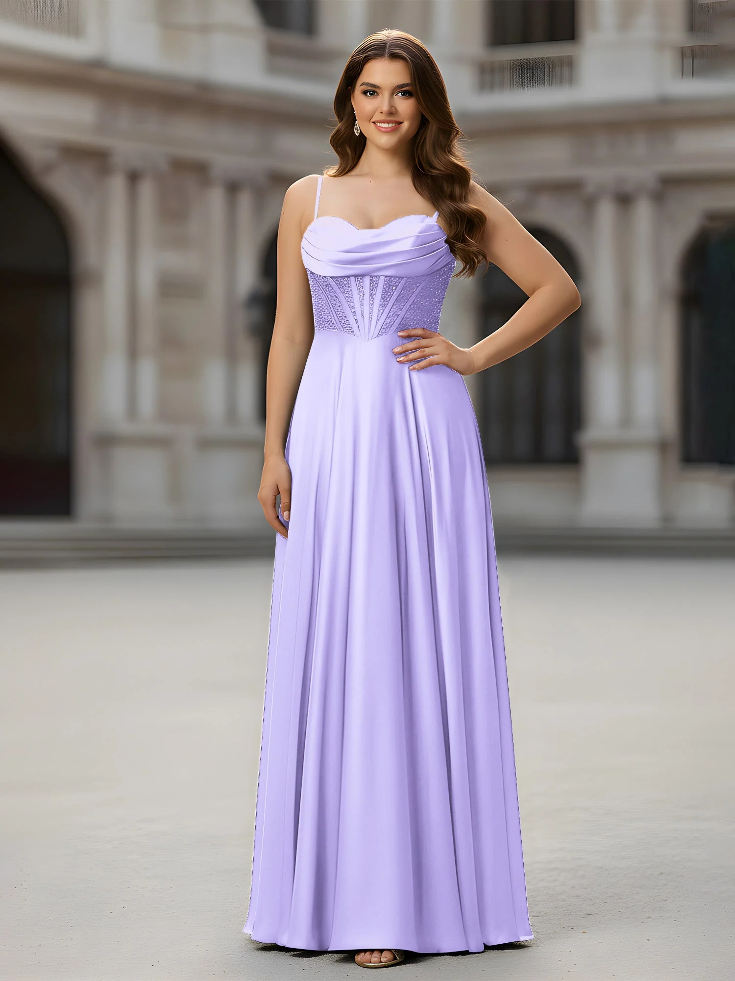 Herzform Perlen Oberteil A-Linie Lang Kleid Lila