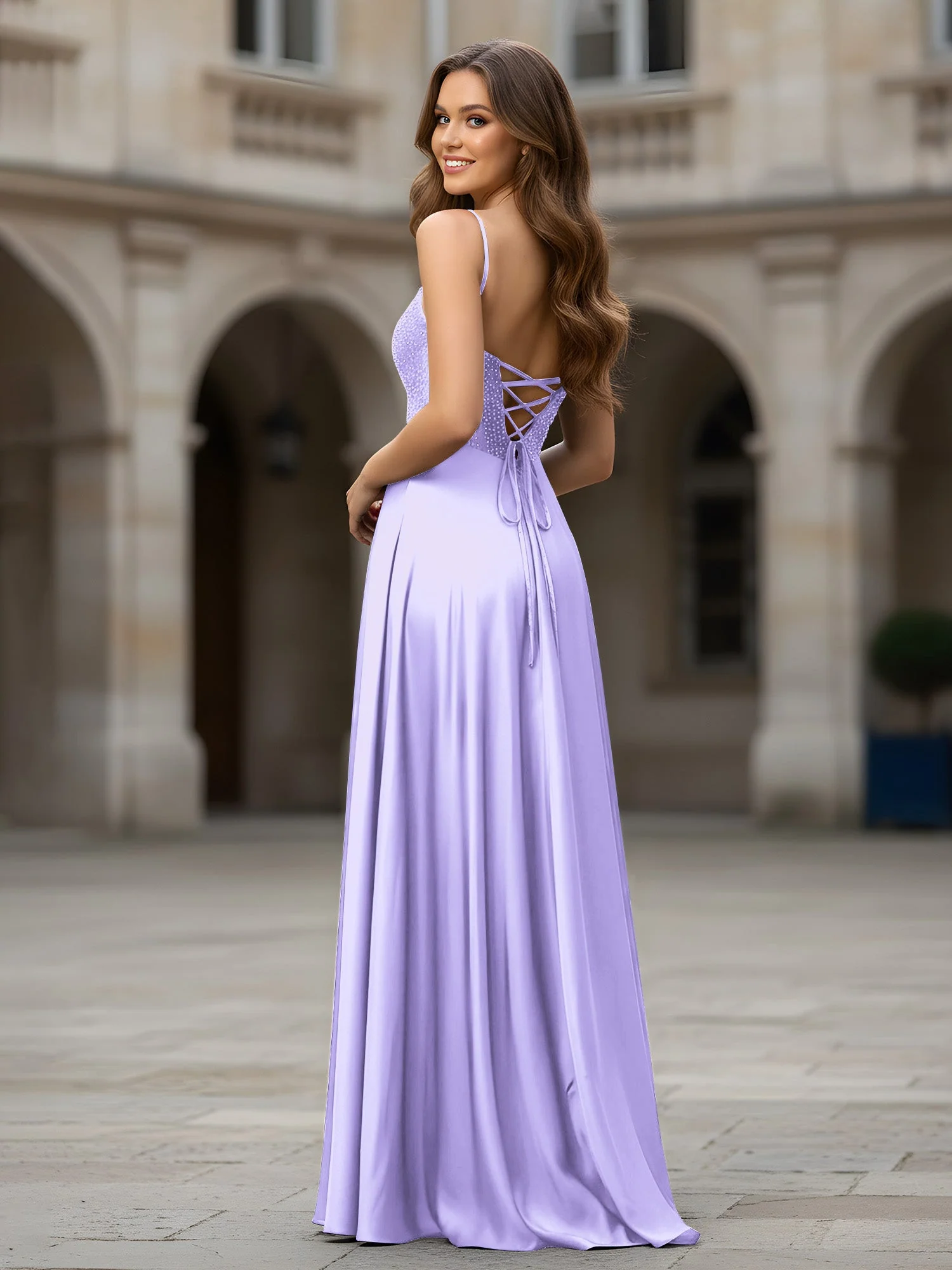 Herzform Perlen Oberteil A-Linie Lang Kleid Lila - Image 2