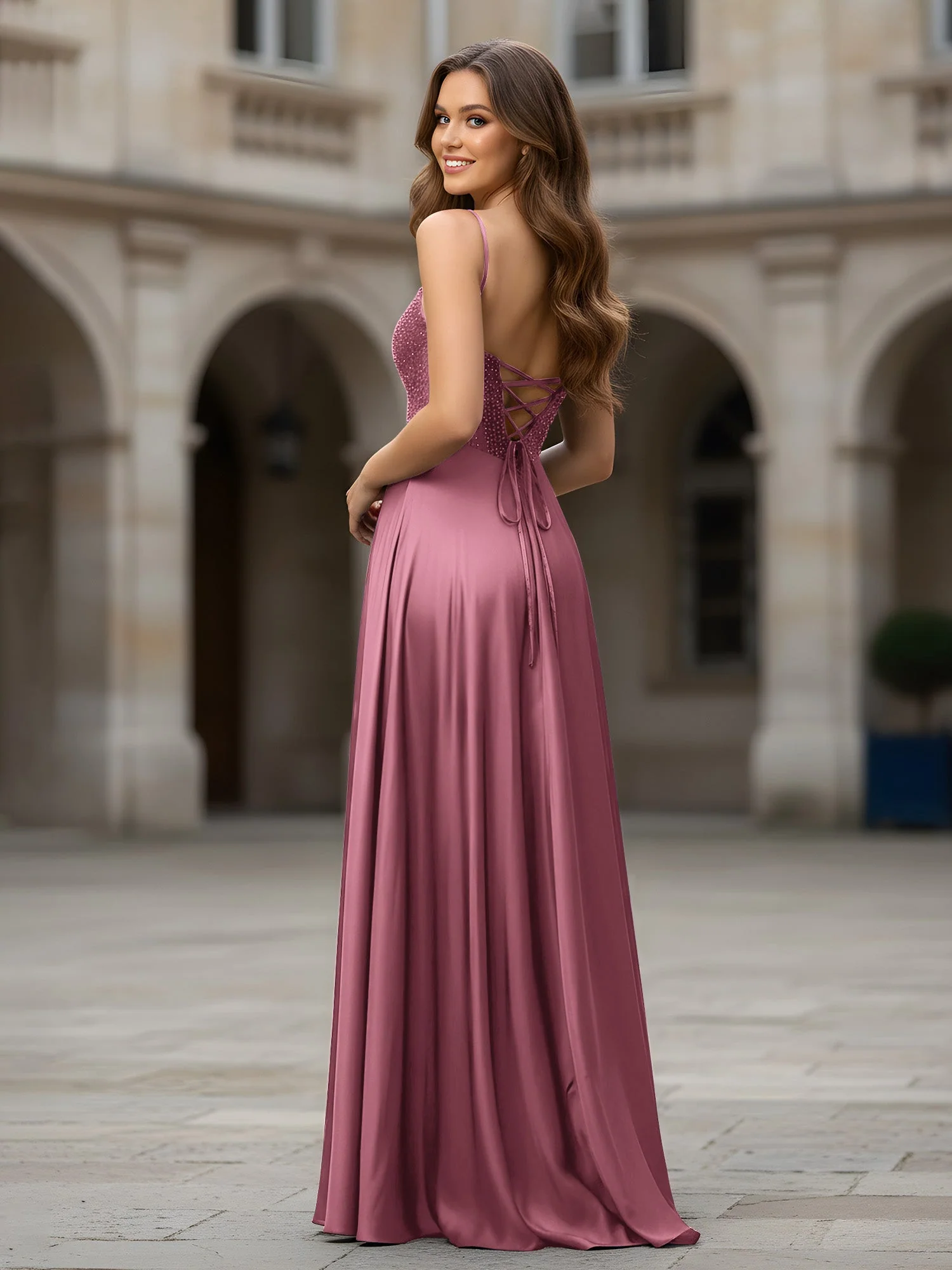 Herzform Perlen Oberteil A-Linie Lang Kleid Maulbeere - Image 2