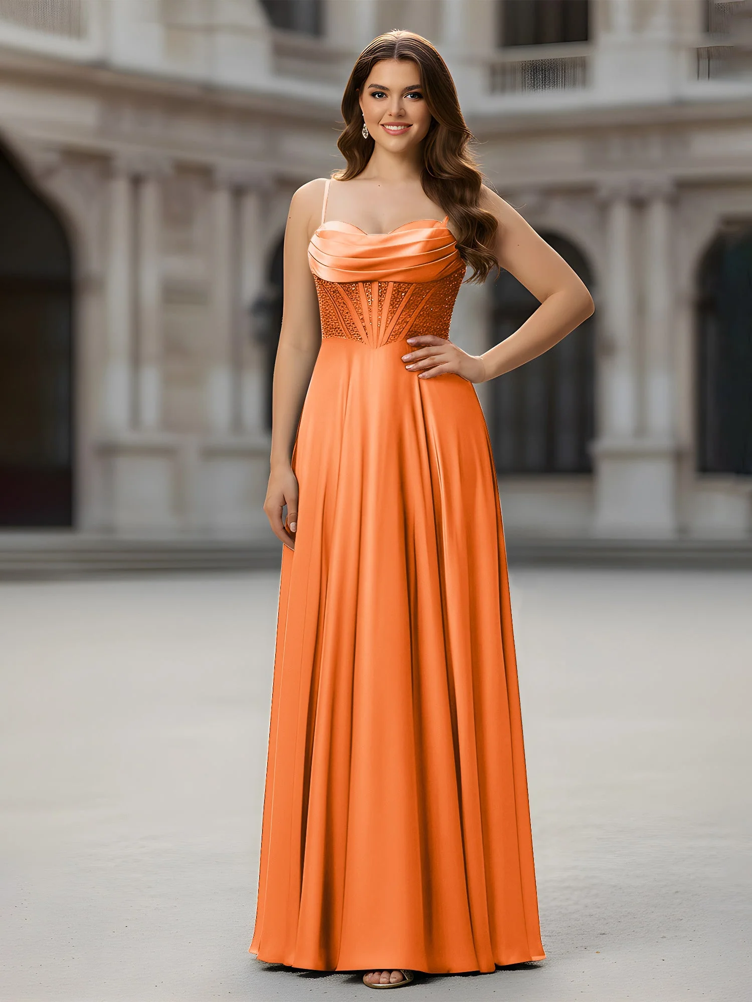 Herzform Perlen Oberteil A-Linie Lang Kleid Orange