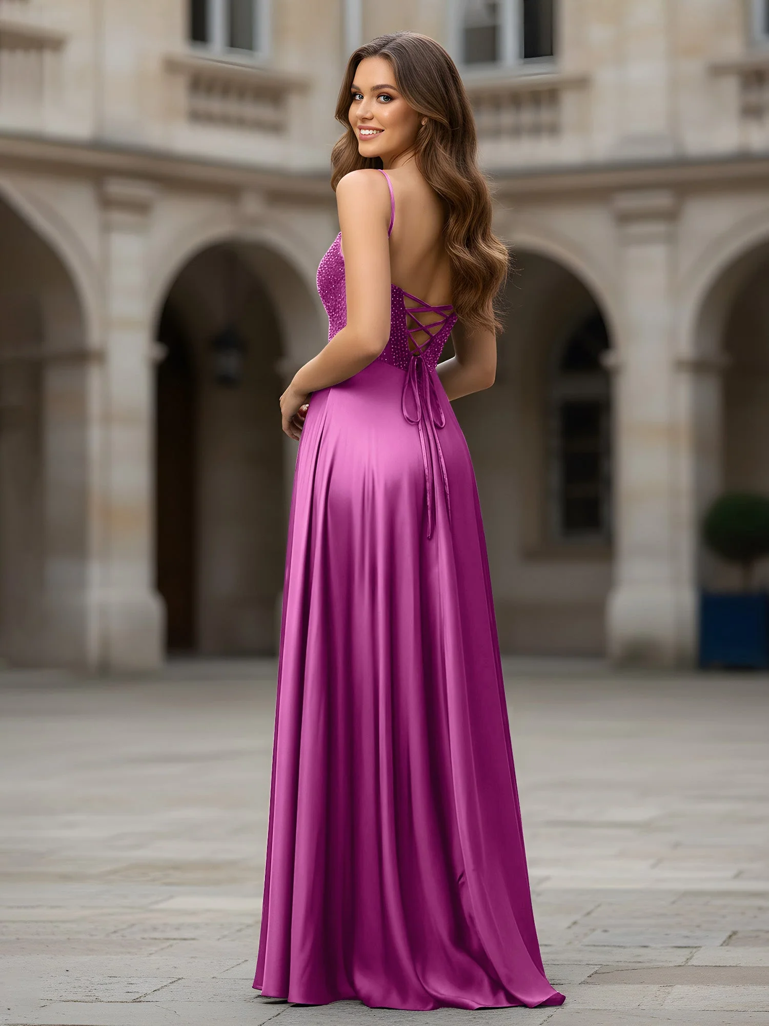 Herzform Perlen Oberteil A-Linie Lang Kleid Orchidee - Image 2