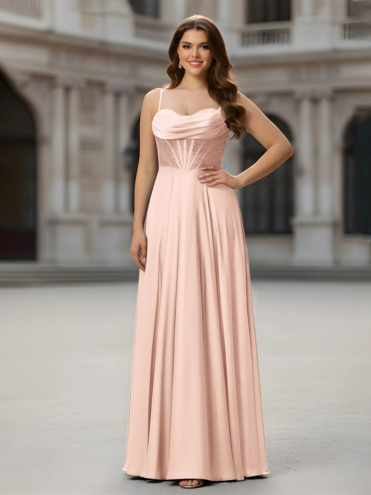 Herzform Perlen Oberteil A-Linie Lang Kleid Perlrosa