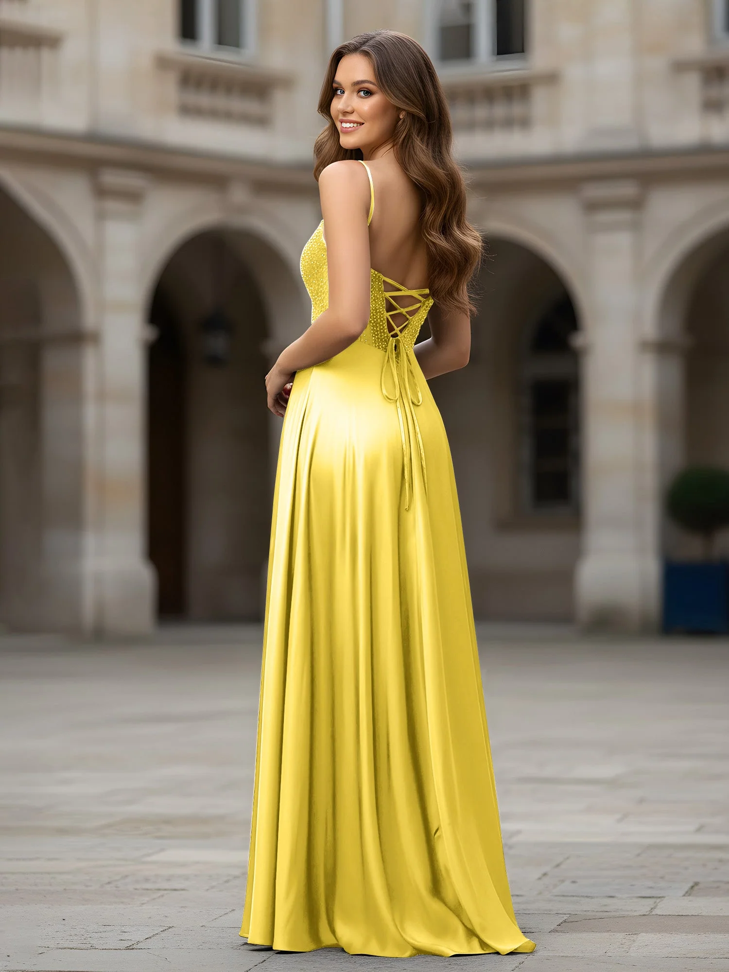 Herzform Perlen Oberteil A-Linie Lang Kleid Ringelblume - Image 2