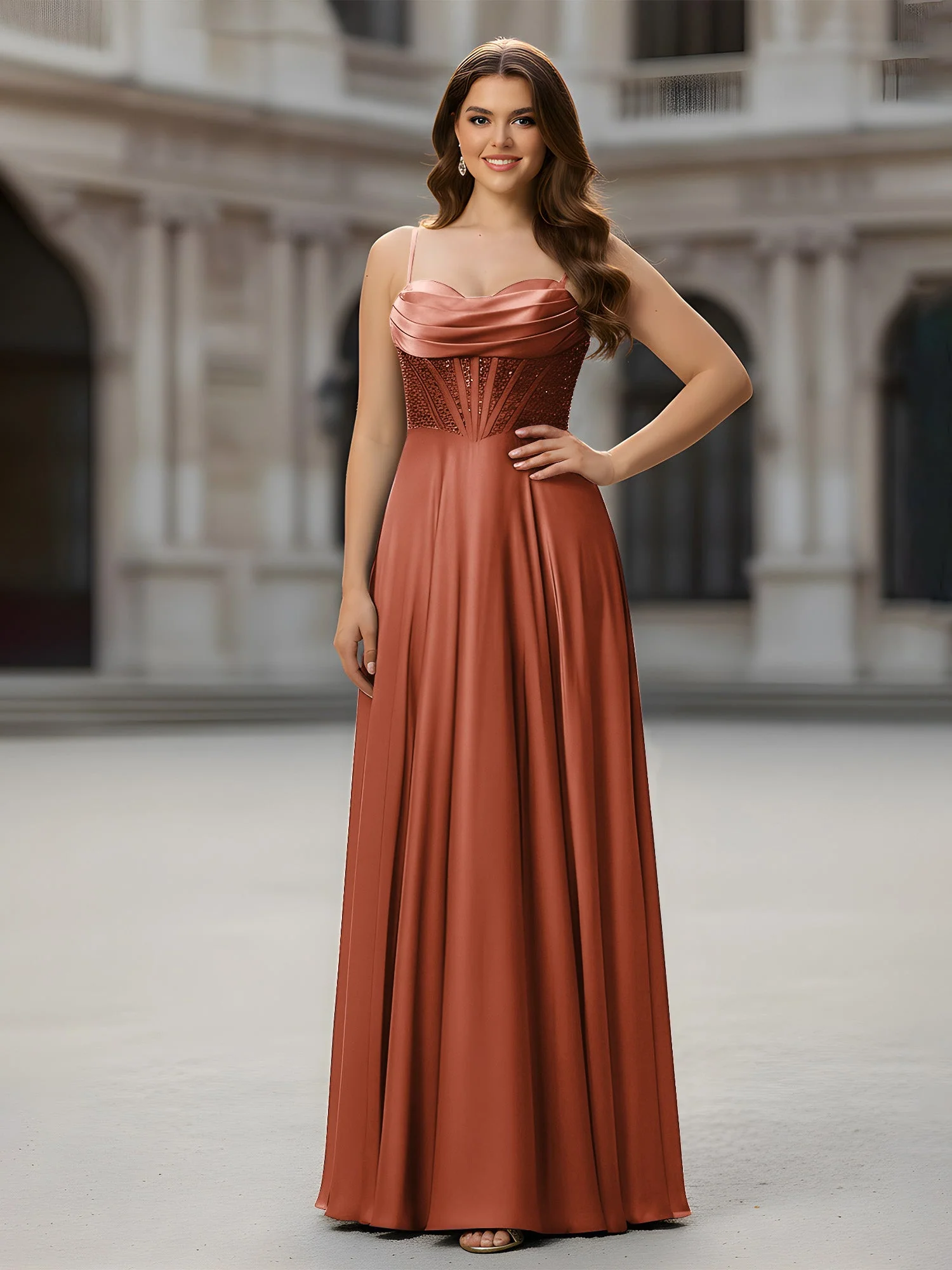 Herzform Perlen Oberteil A-Linie Lang Kleid Rost