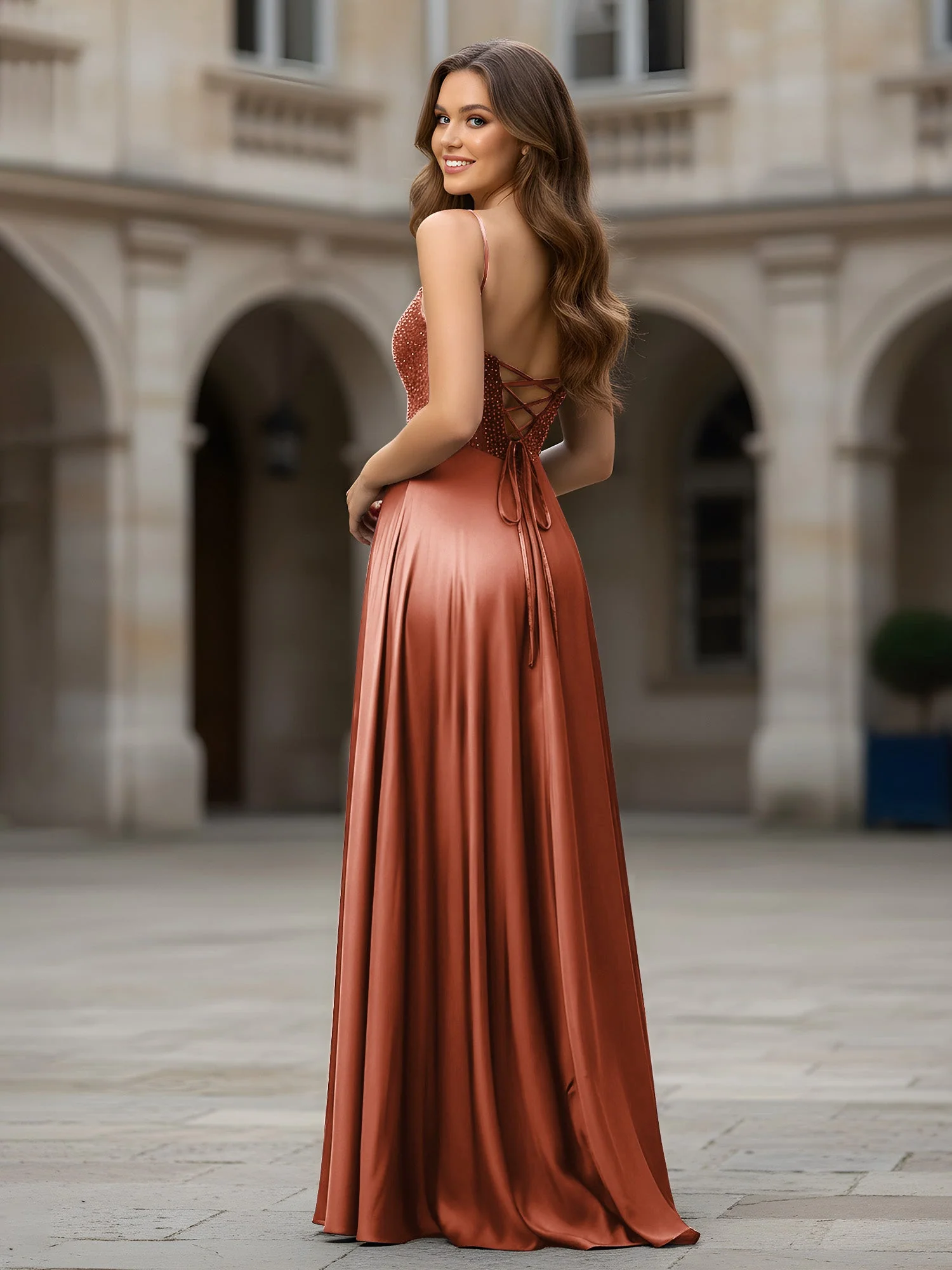 Herzform Perlen Oberteil A-Linie Lang Kleid Rost - Image 2