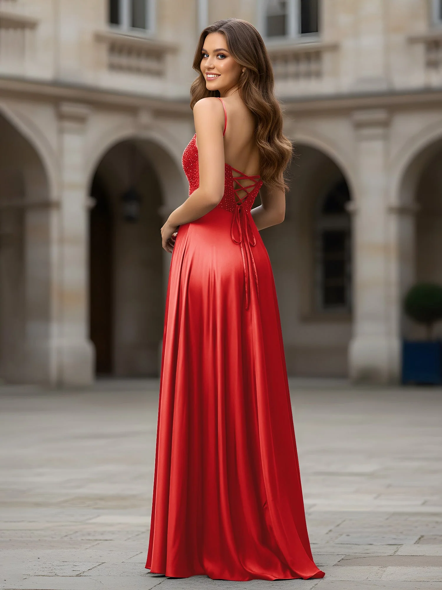 Herzform Perlen Oberteil A-Linie Lang Kleid Rot - Image 2