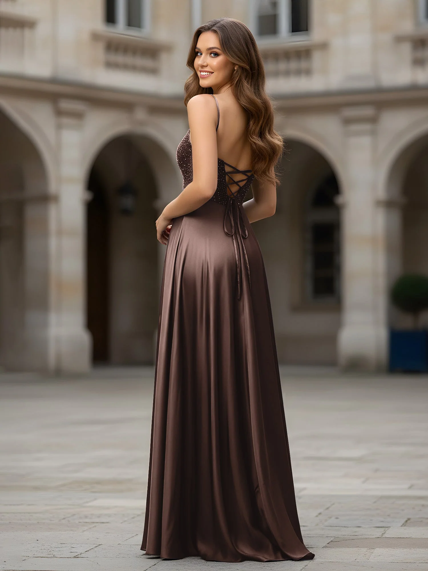 Herzform Perlen Oberteil A-Linie Lang Kleid Schokolade - Image 2