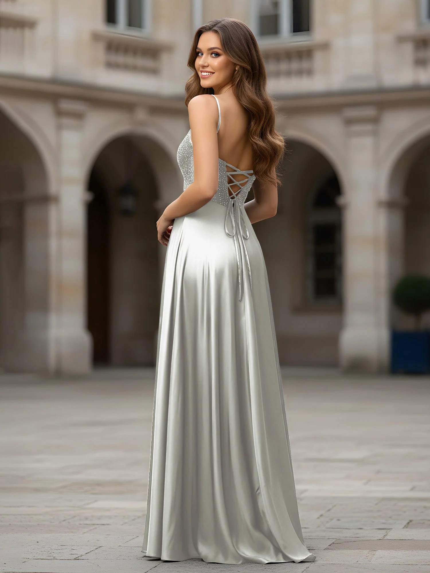 Herzform Perlen Oberteil A-Linie Lang Kleid Silber - Image 2