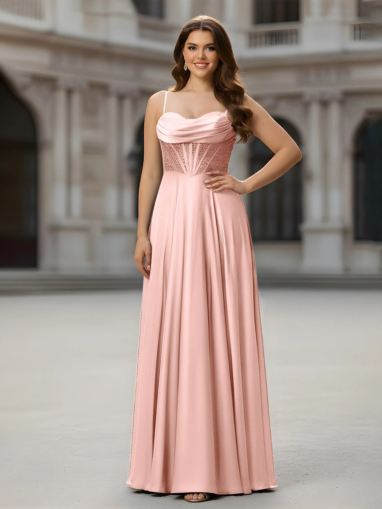 Herzform Perlen Oberteil A-Linie Lang Kleid Staubige Rosa