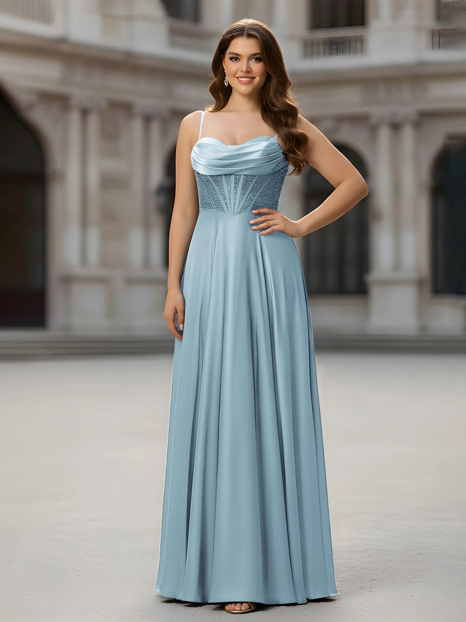 Herzform Perlen Oberteil A-Linie Lang Kleid Staubiges Blau