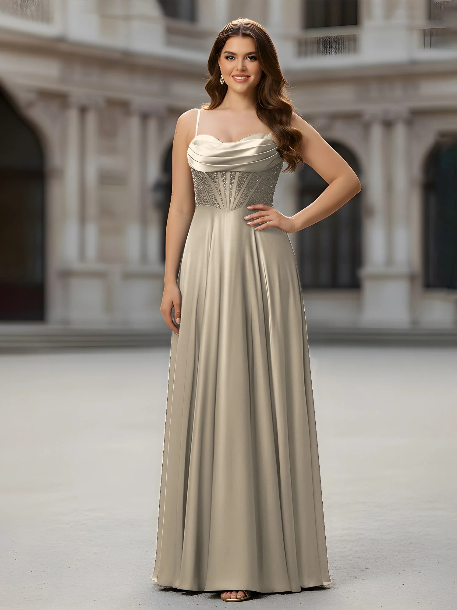 Herzform Perlen Oberteil A-Linie Lang Kleid Taupe