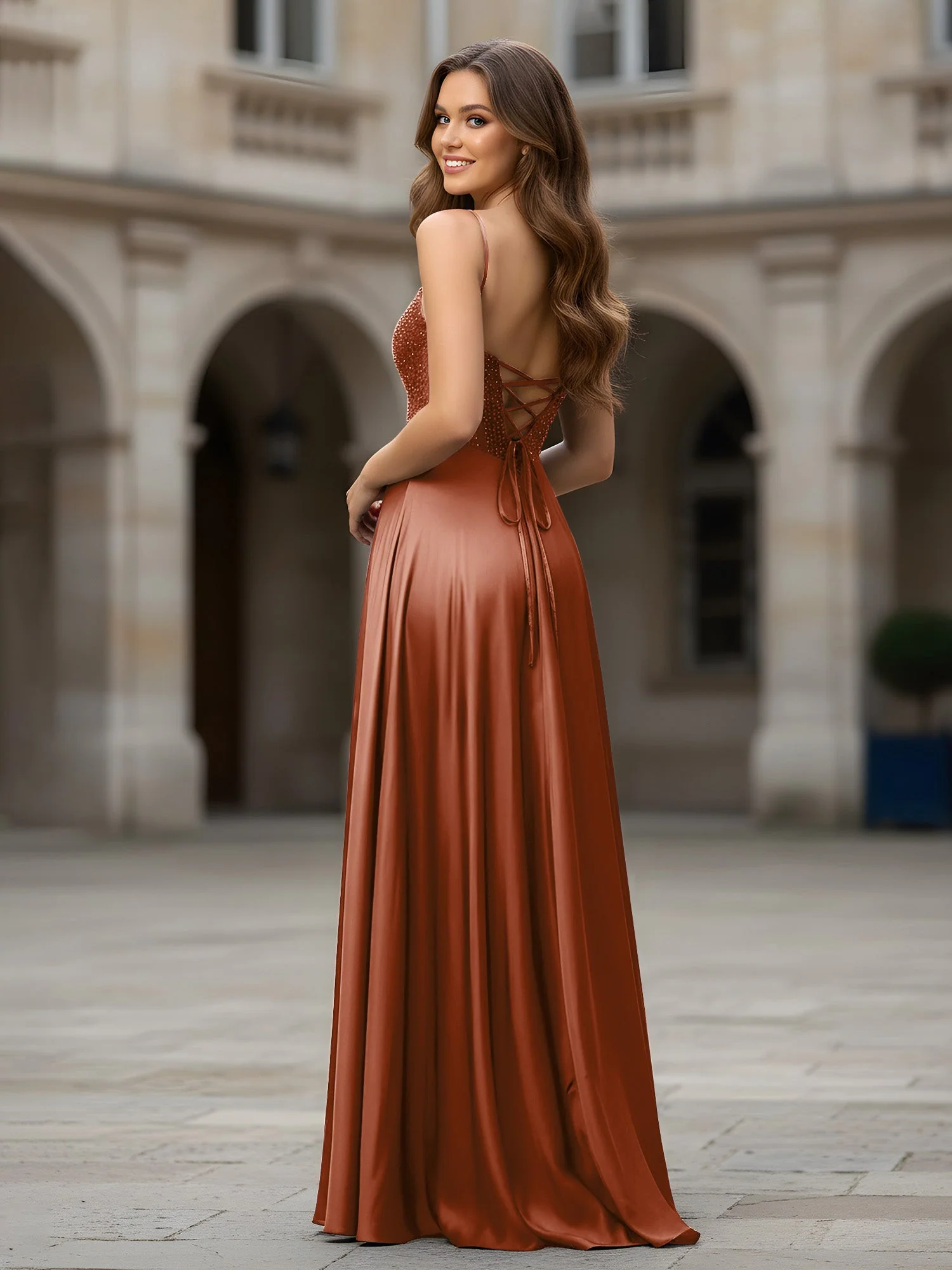 Herzform Perlen Oberteil A-Linie Lang Kleid Terrakotta - Image 2