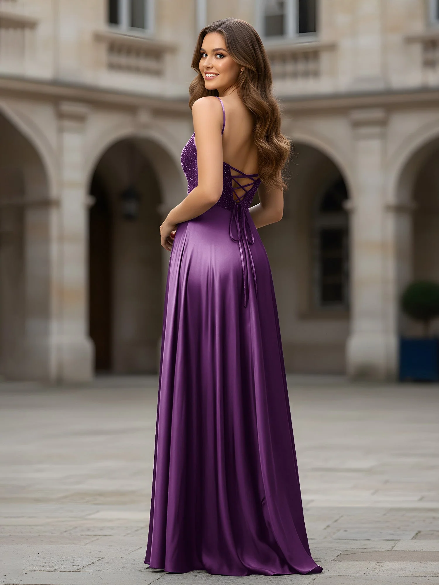 Herzform Perlen Oberteil A-Linie Lang Kleid Traube - Image 2