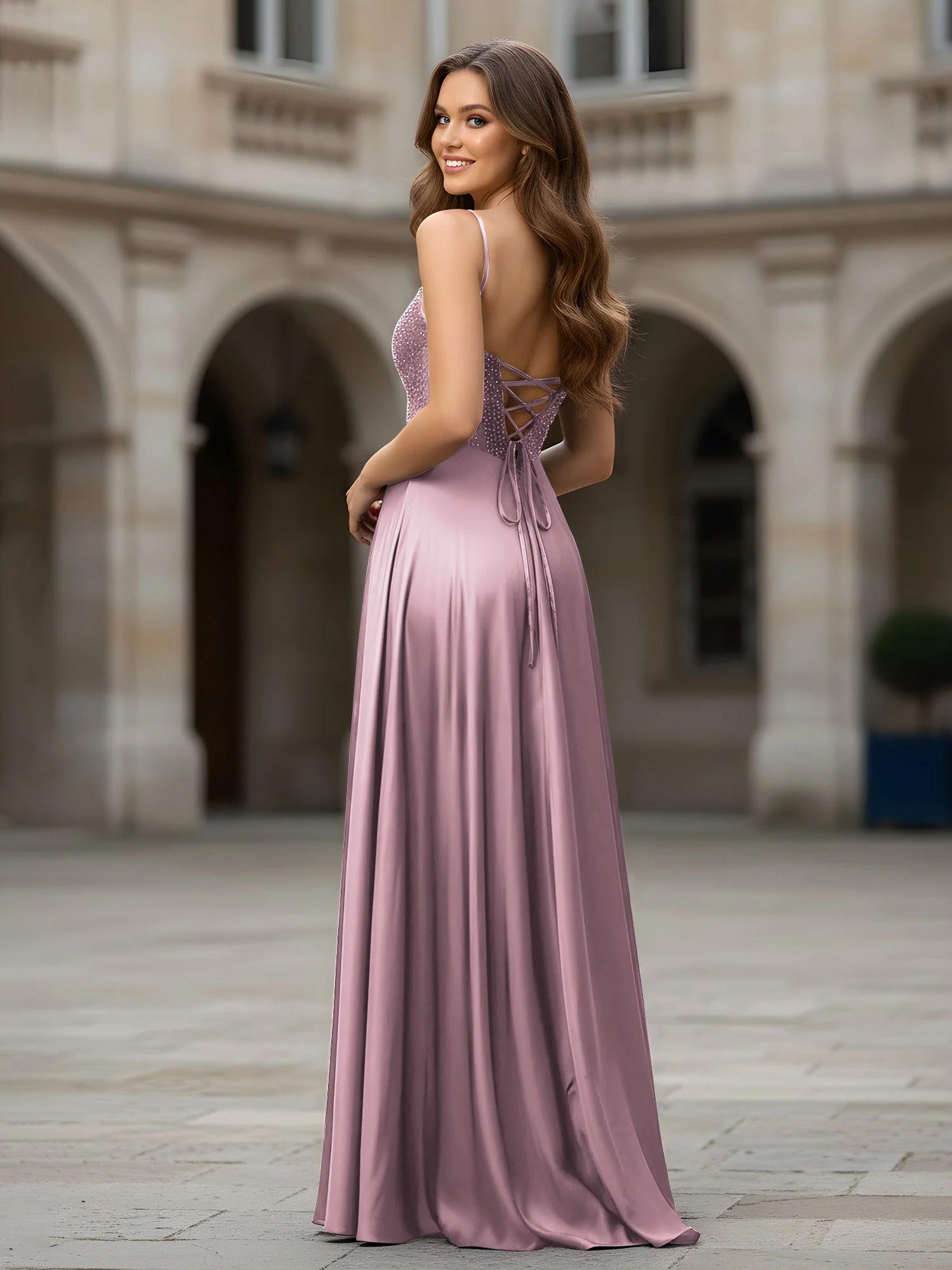 Herzform Perlen Oberteil A-Linie Lang Kleid Vintage Mauve - Image 2