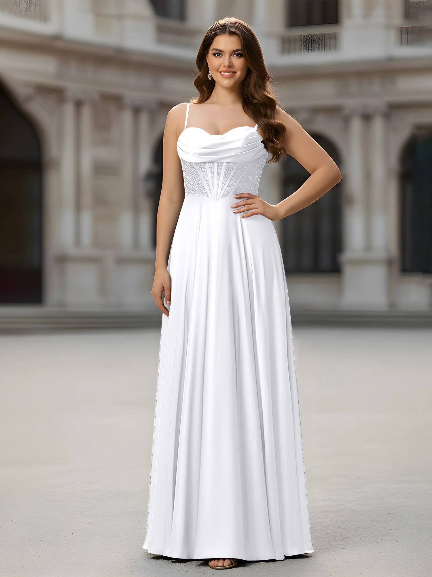 Herzform Perlen Oberteil A-Linie Lang Kleid Weiß
