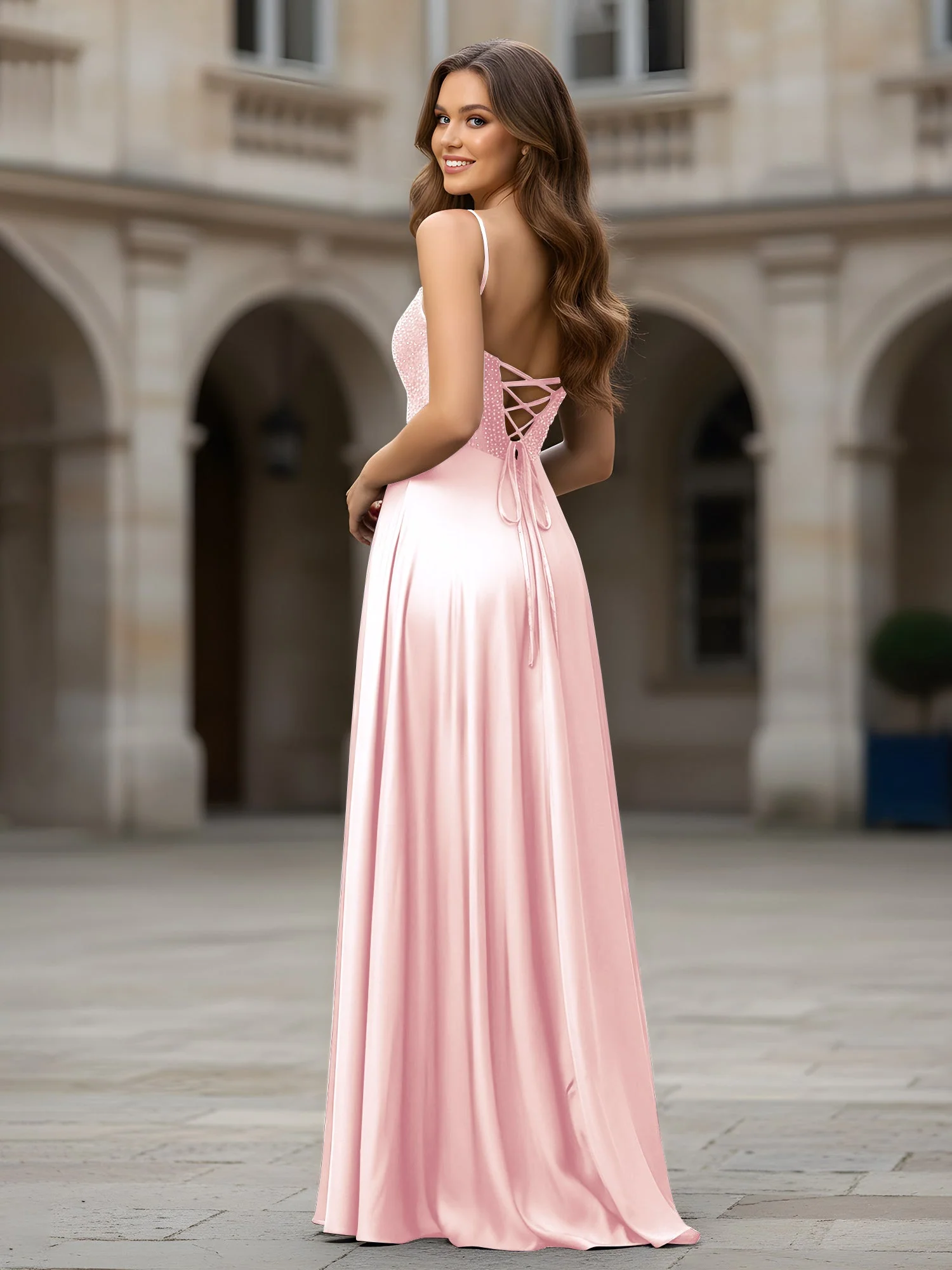 Herzform Perlen Oberteil A-Linie Lang Kleid Zartrosa - Image 2