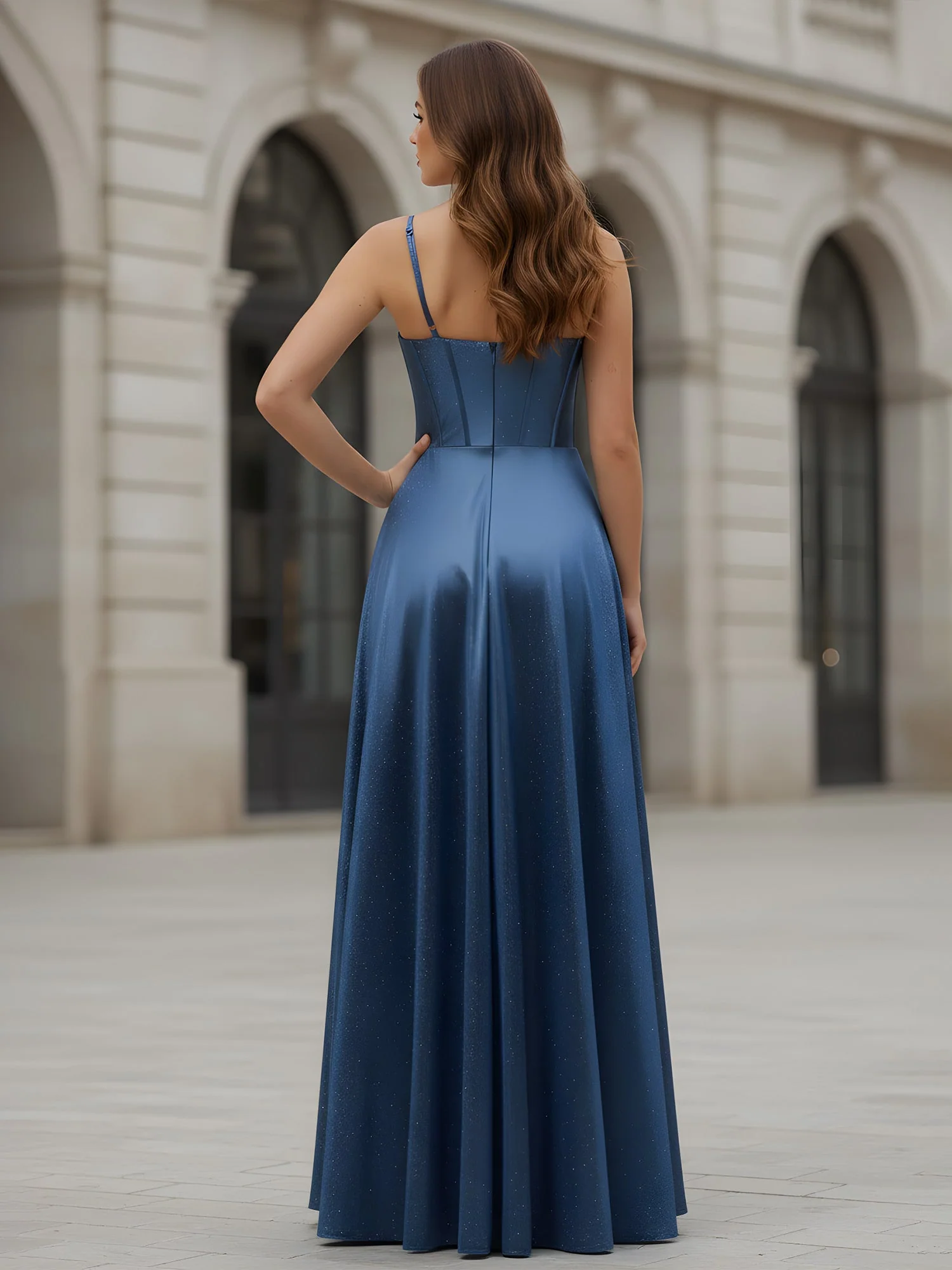 Plissee Herzform Ausschnitt A-Linie Lang Kleid Marineblau - Image 2