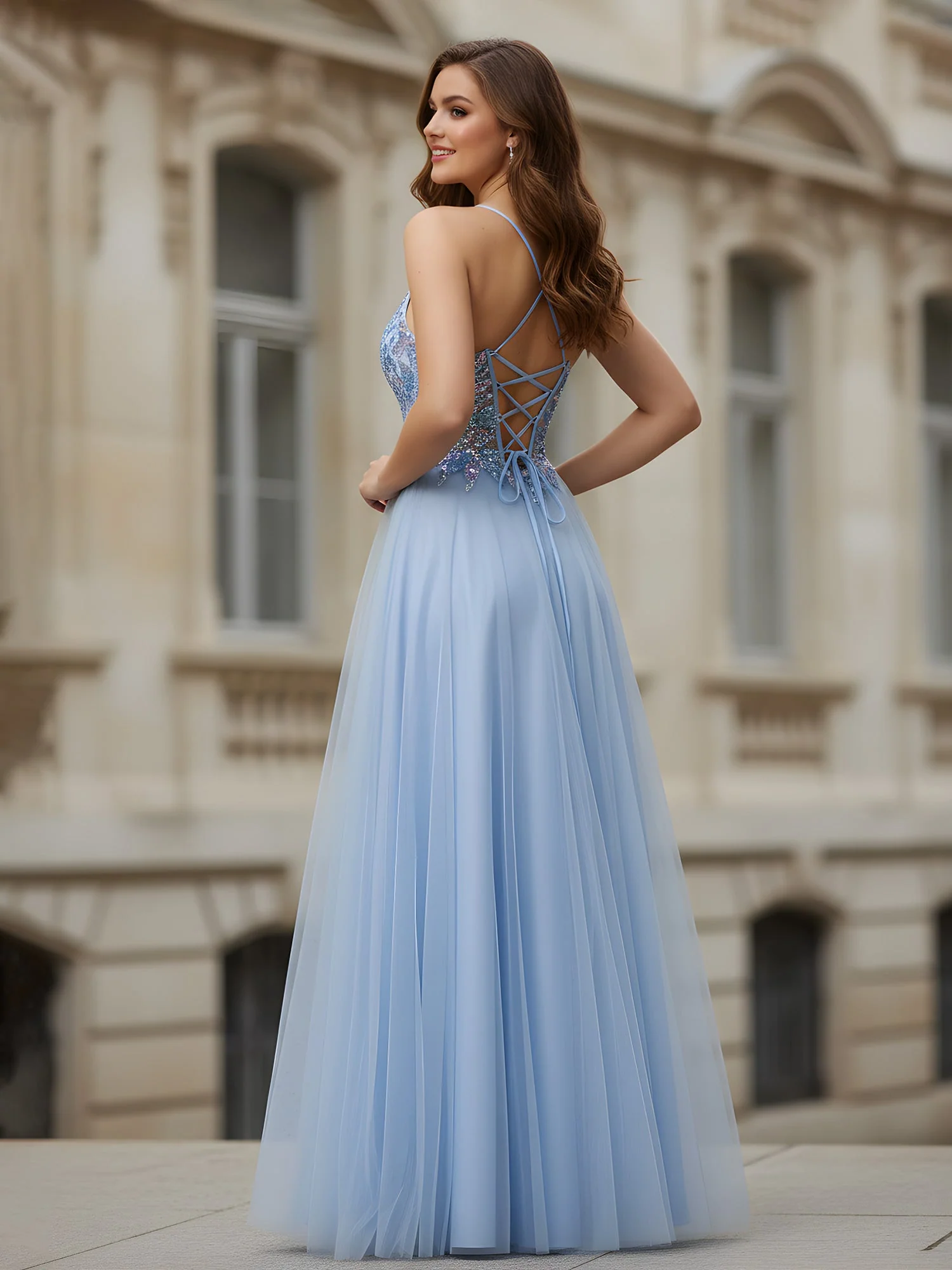 A-Linie Spaghettiträger Applique Pailletten Tüll Kleid Himmelblau - Image 2