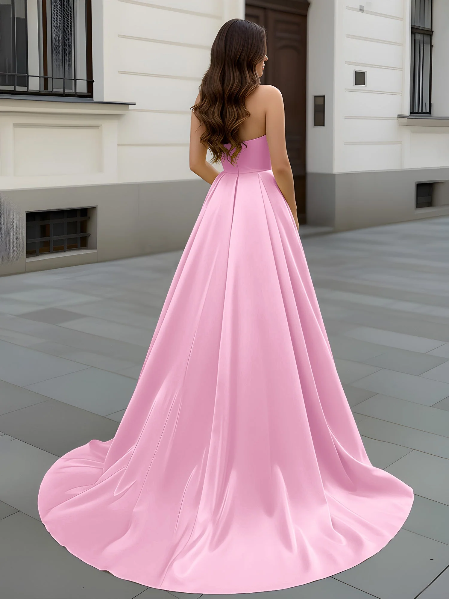 Herzform Ausschnitt A-Linie Gerafft Schleppe Kleid Bonbonrosa - Image 2