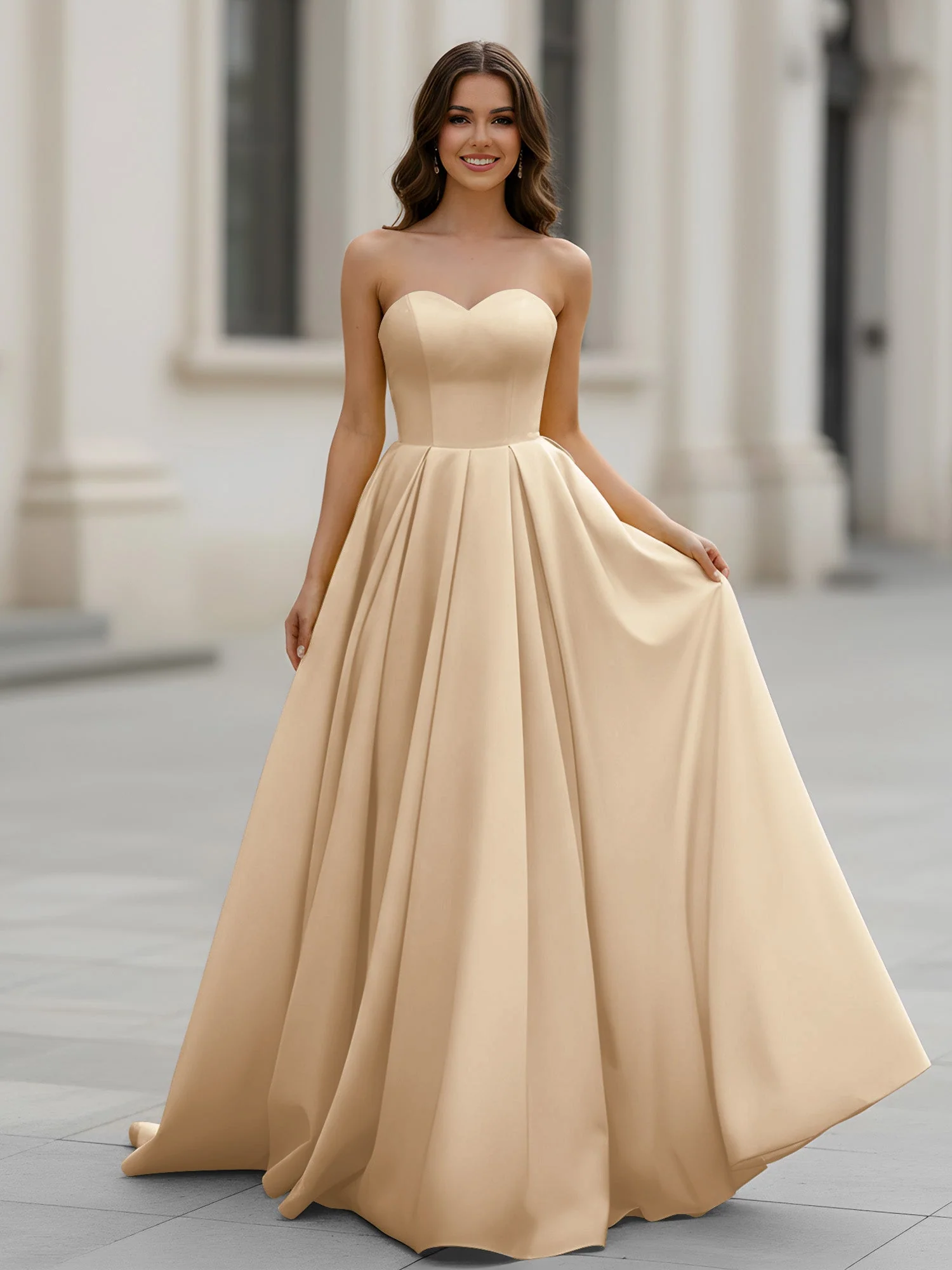 Herzform Ausschnitt A-Linie Gerafft Schleppe Kleid Champagner