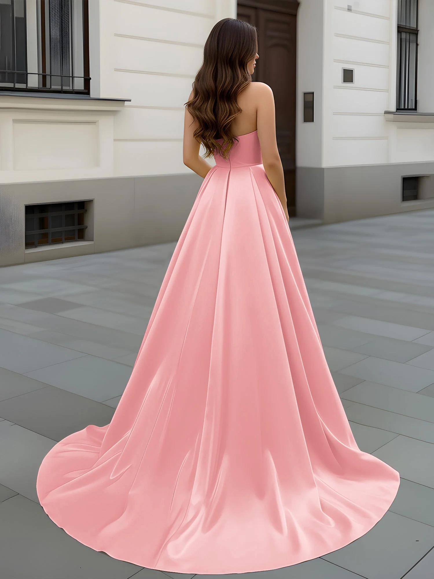 Herzform Ausschnitt A-Linie Gerafft Schleppe Kleid Flamingo - Image 2