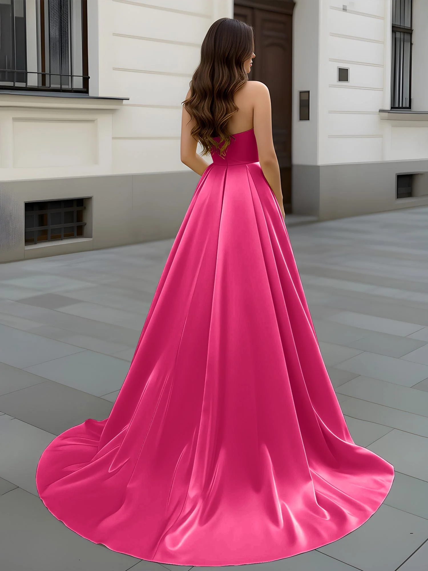 Herzform Ausschnitt A-Linie Gerafft Schleppe Kleid Fuchsia - Image 2