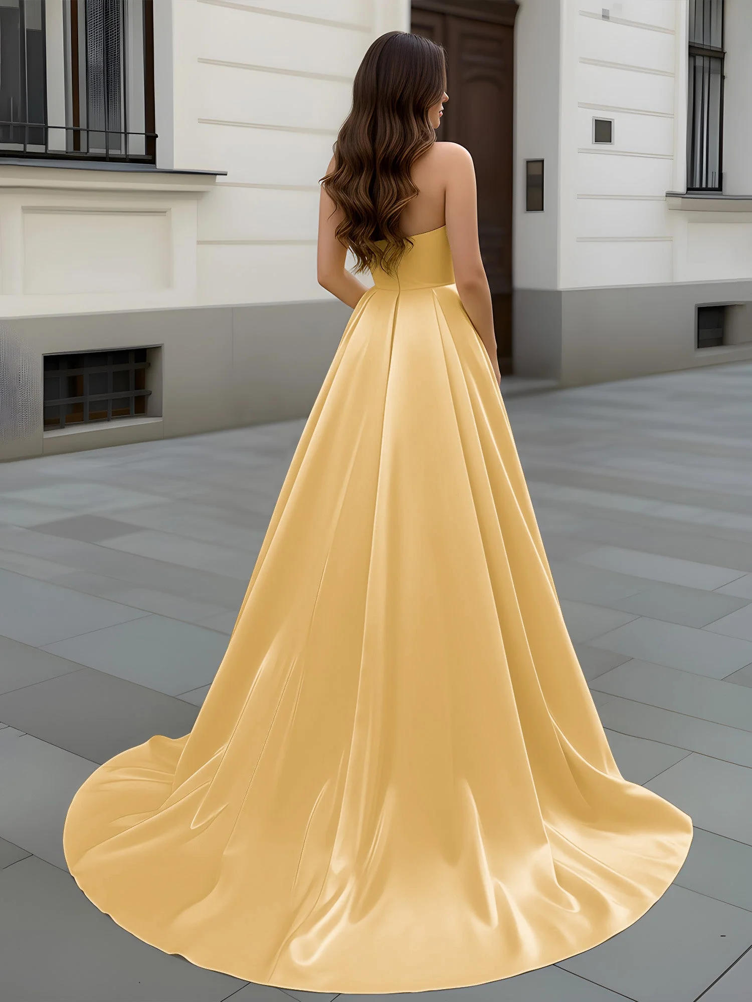 Herzform Ausschnitt A-Linie Gerafft Schleppe Kleid Gold - Image 2