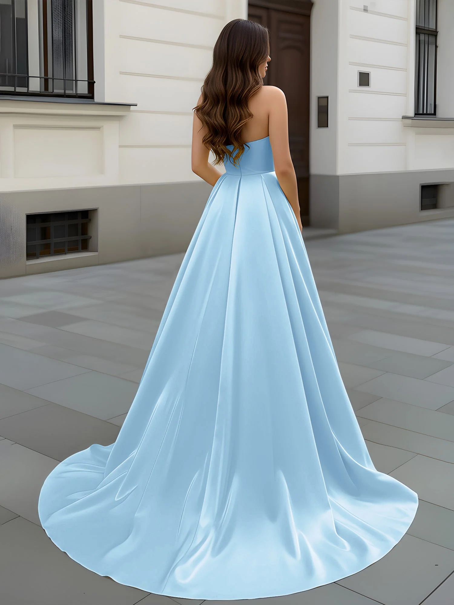 Herzform Ausschnitt A-Linie Gerafft Schleppe Kleid Himmelblau - Image 2