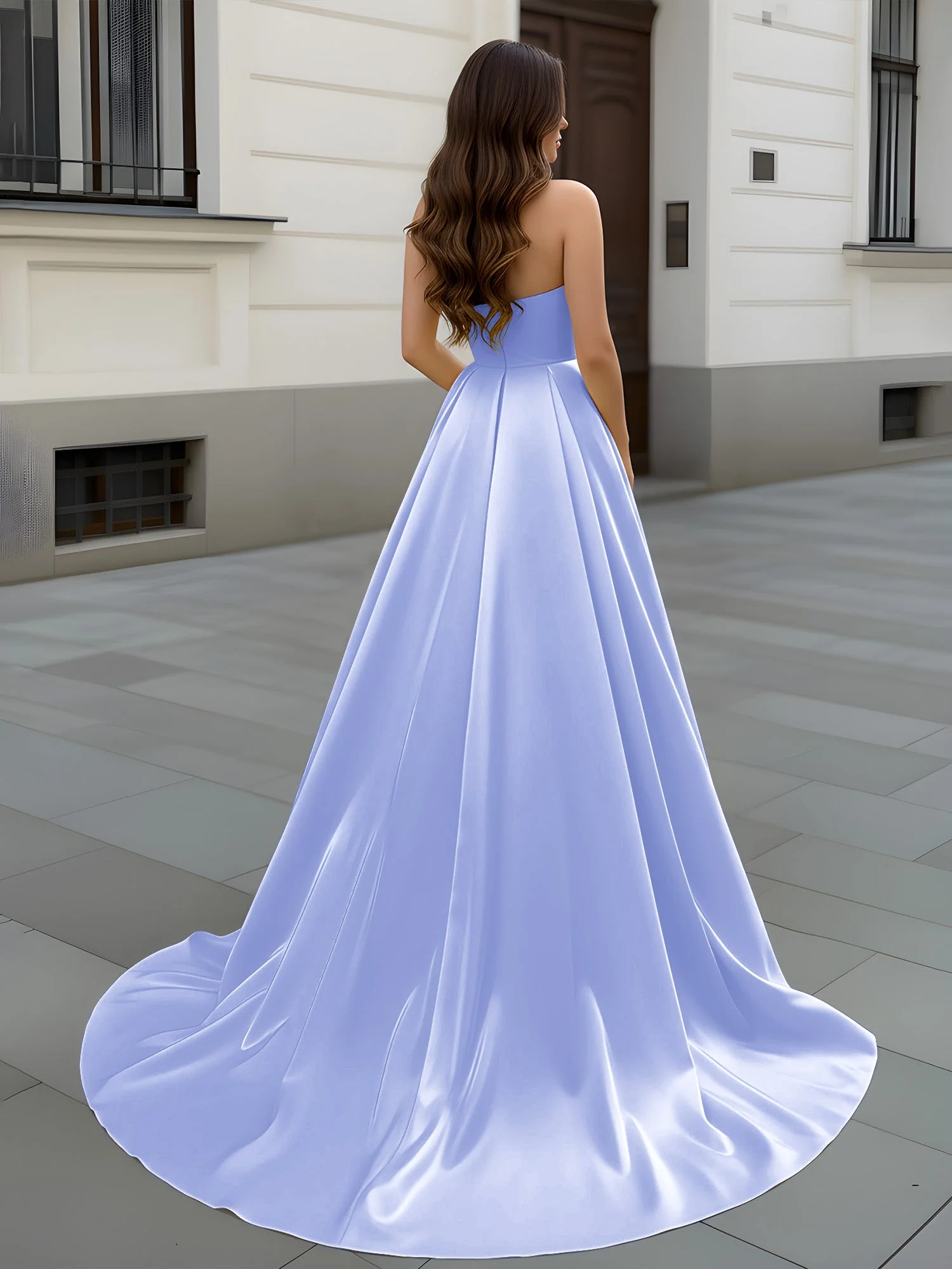 Herzform Ausschnitt A-Linie Gerafft Schleppe Kleid Lavendel - Image 2