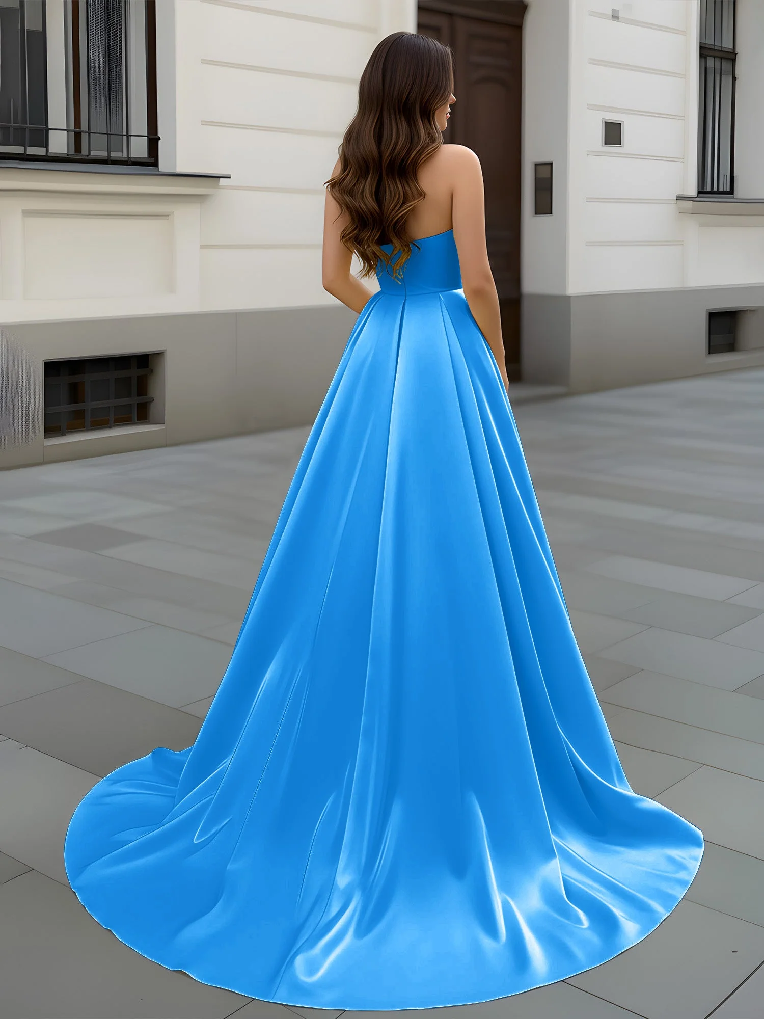 Herzform Ausschnitt A-Linie Gerafft Schleppe Kleid Meerblau - Image 2