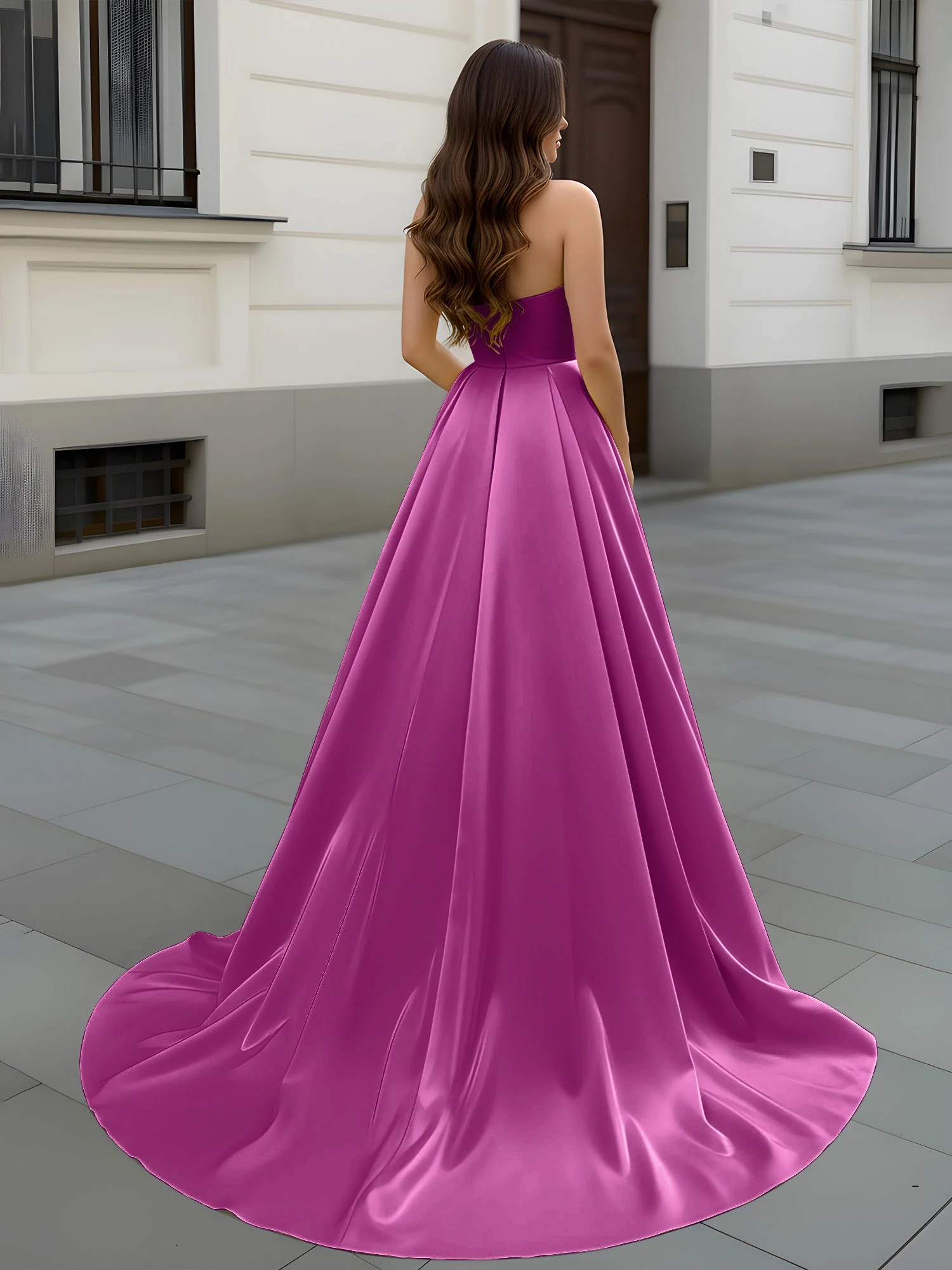 Herzform Ausschnitt A-Linie Gerafft Schleppe Kleid Orchidee - Image 2