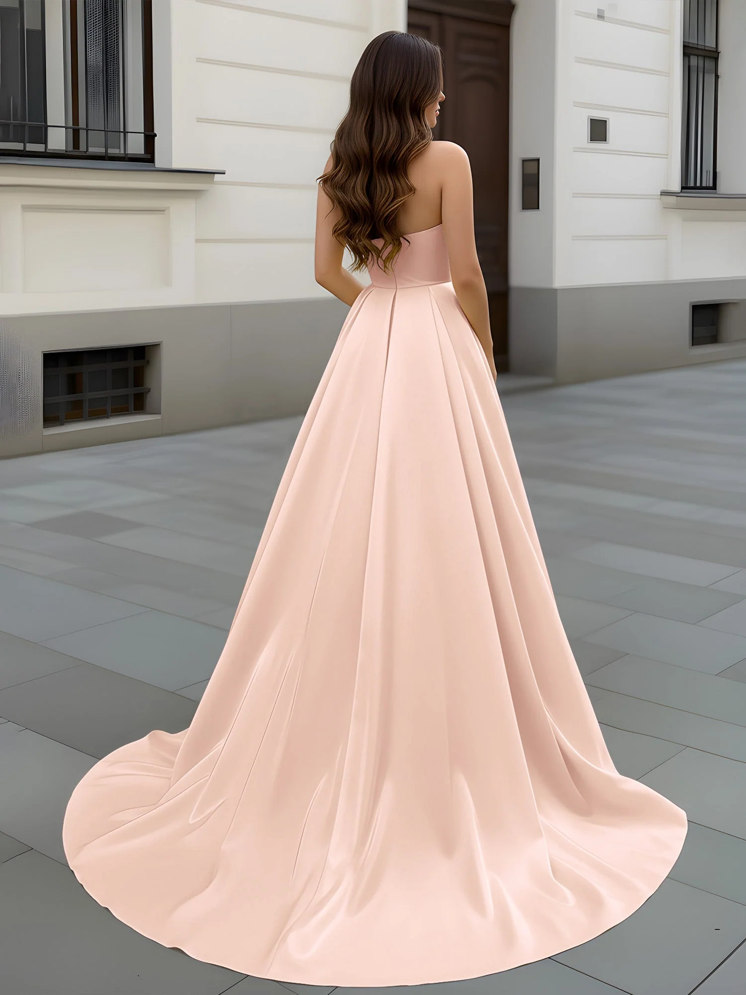 Herzform Ausschnitt A-Linie Gerafft Schleppe Kleid Perlrosa - Image 2