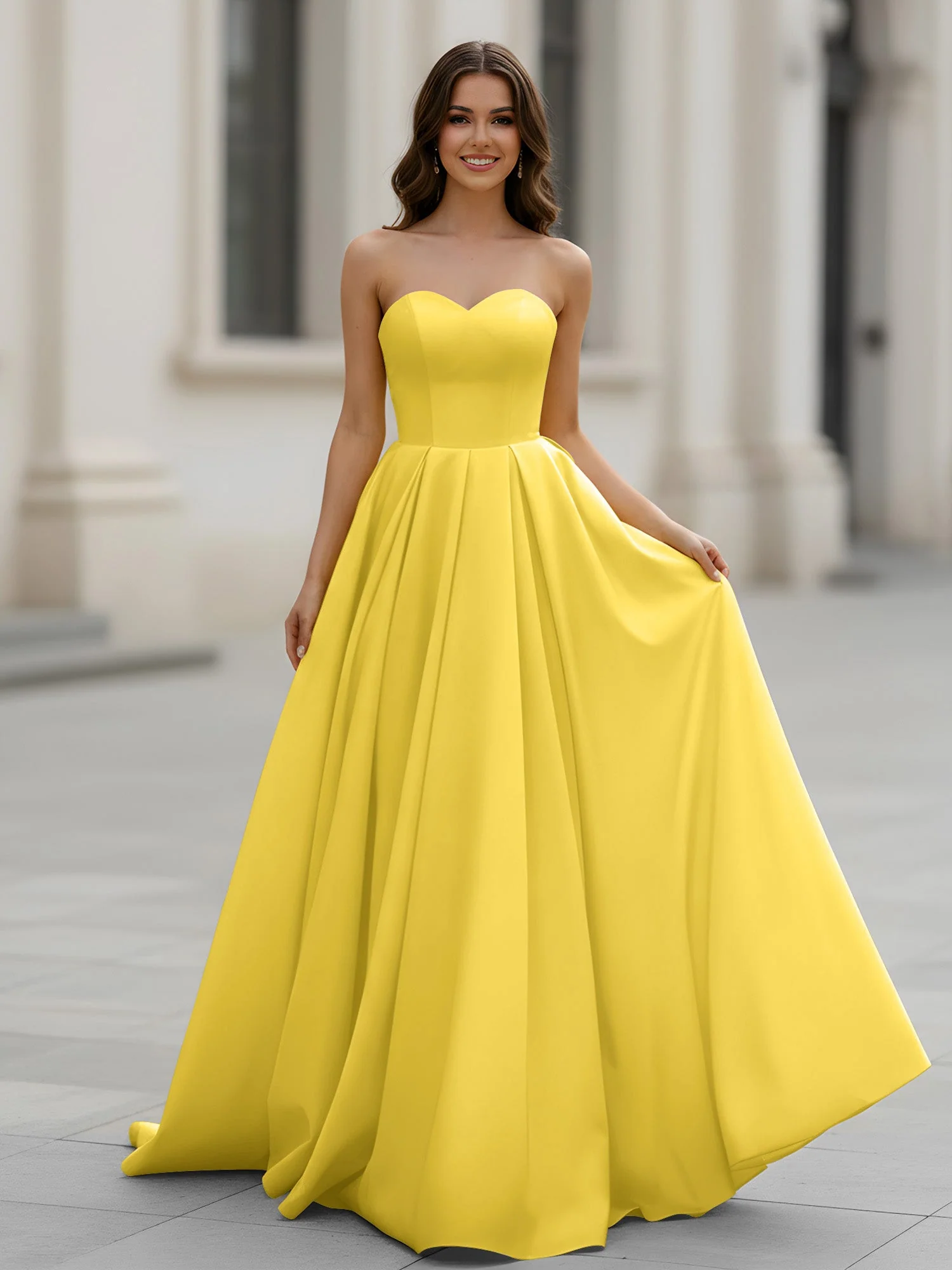 Herzform Ausschnitt A-Linie Gerafft Schleppe Kleid Ringelblume