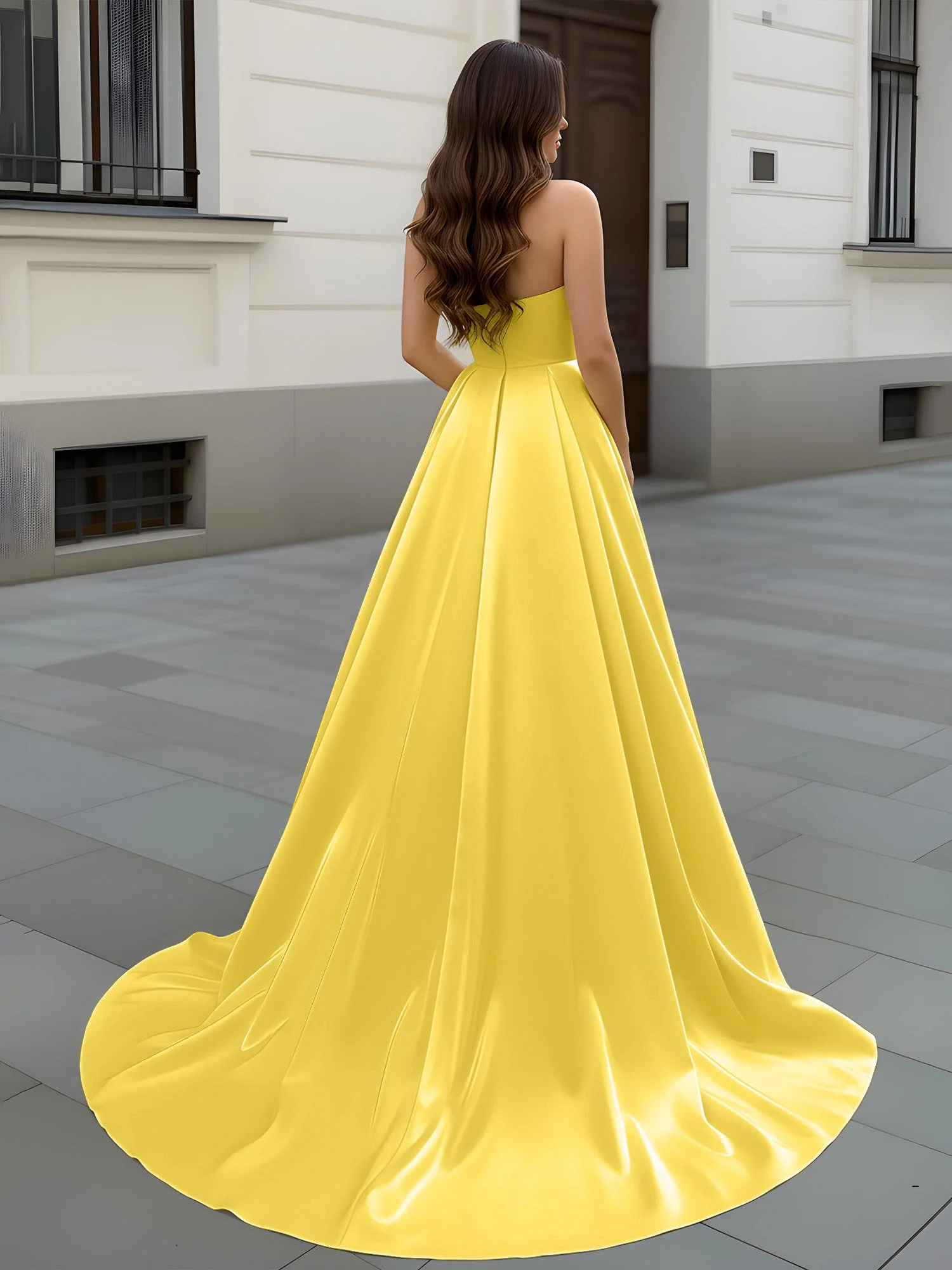 Herzform Ausschnitt A-Linie Gerafft Schleppe Kleid Ringelblume - Image 2