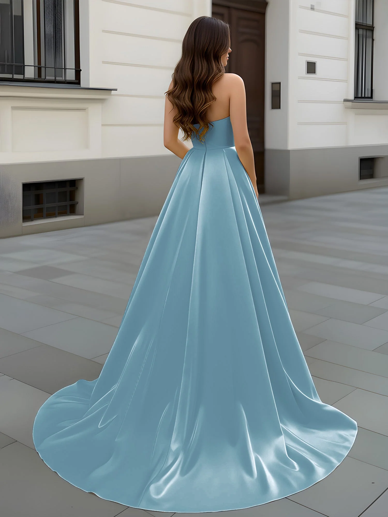 Herzform Ausschnitt A-Linie Gerafft Schleppe Kleid Schiefer Blau - Image 2