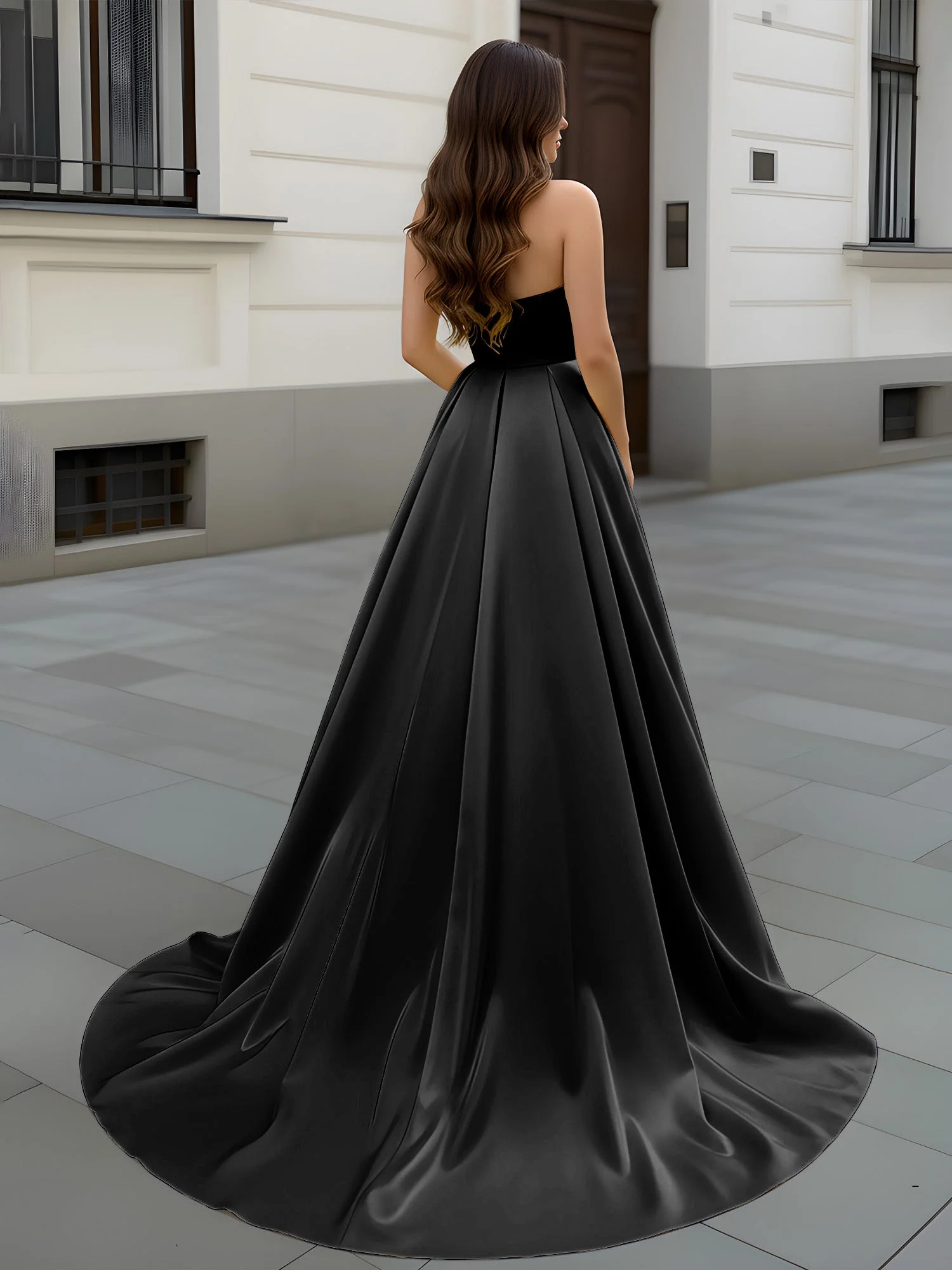 Herzform Ausschnitt A-Linie Gerafft Schleppe Kleid Schwarz - Image 2