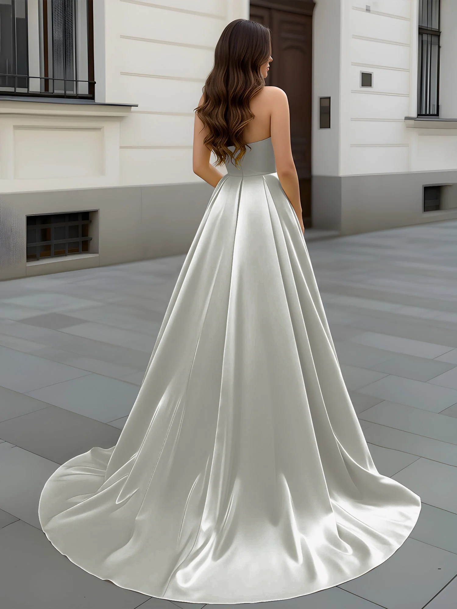 Herzform Ausschnitt A-Linie Gerafft Schleppe Kleid Silber - Image 2