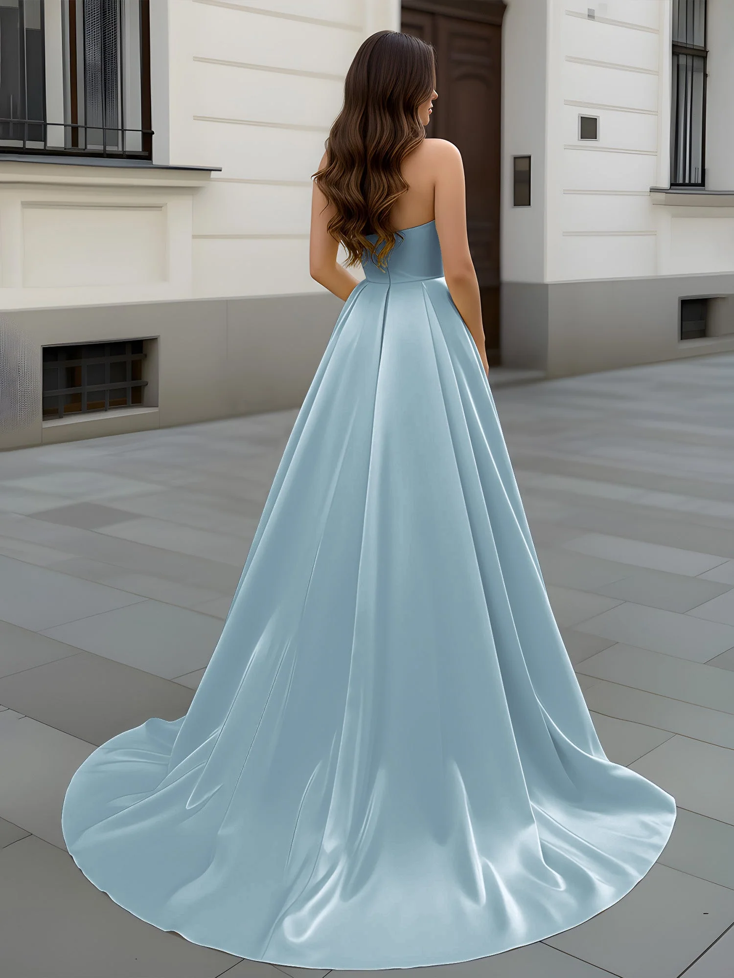 Herzform Ausschnitt A-Linie Gerafft Schleppe Kleid Staubiges Blau - Image 2
