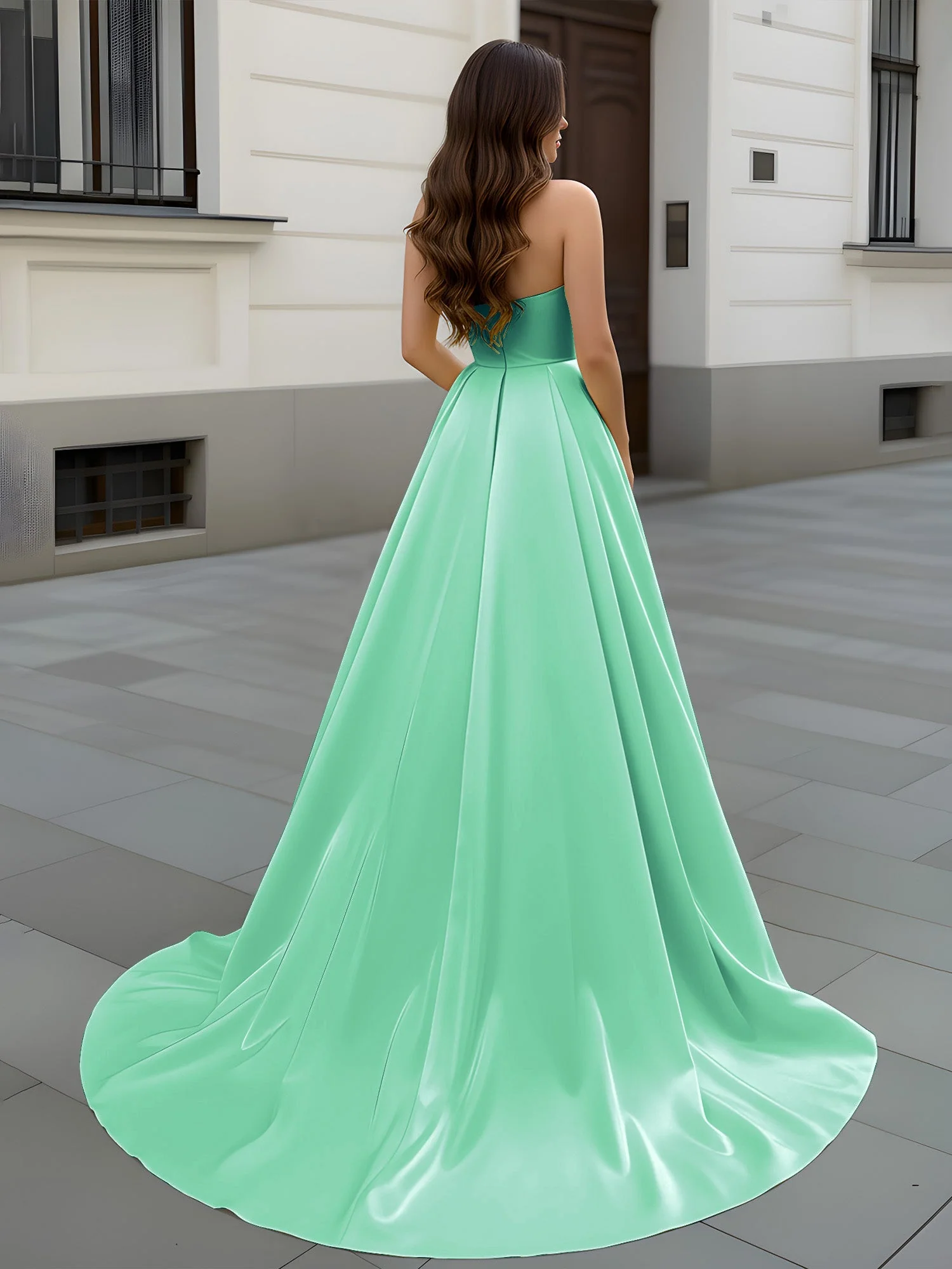 Herzform Ausschnitt A-Linie Gerafft Schleppe Kleid Türkis - Image 2