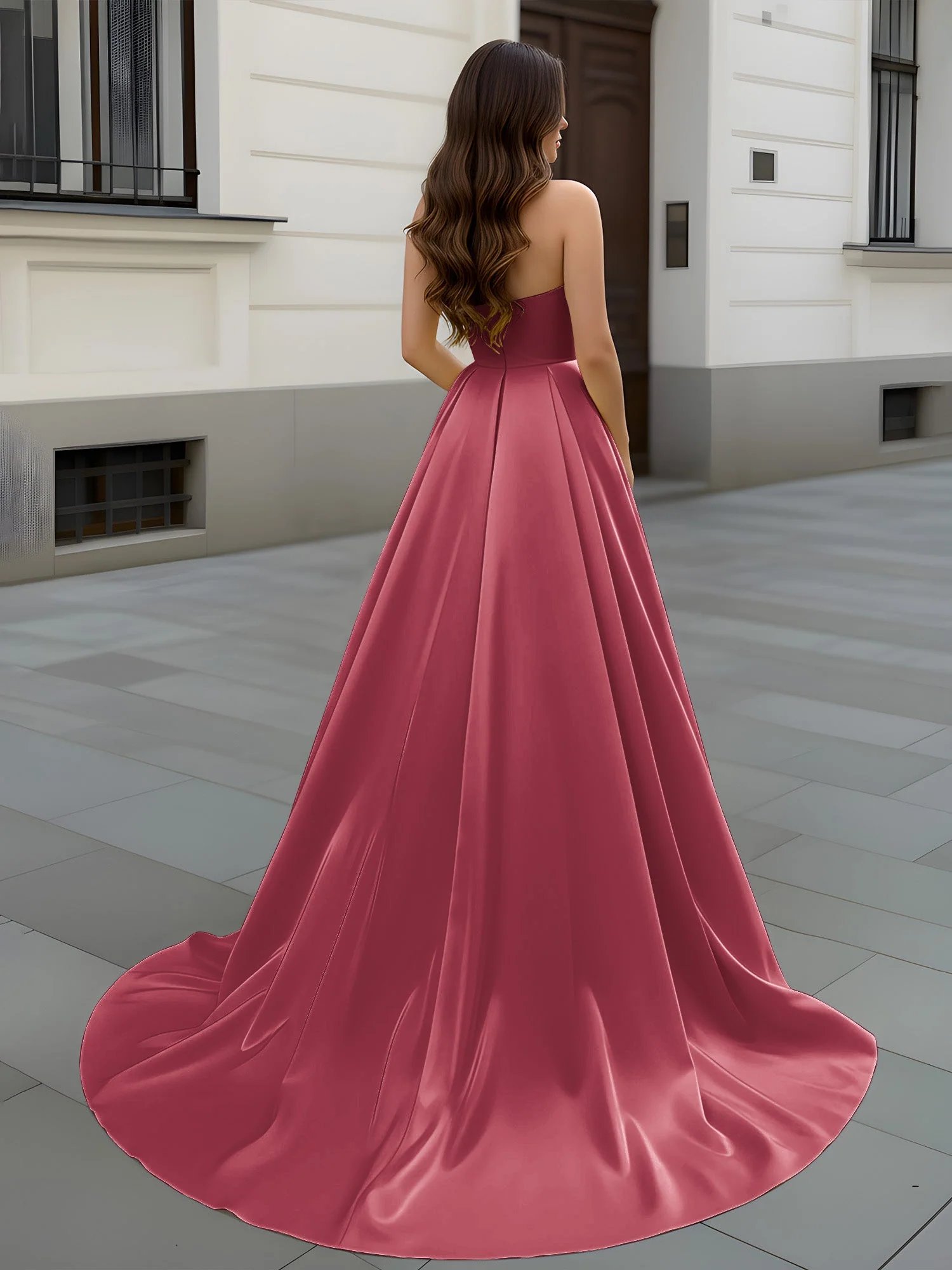 Herzform Ausschnitt A-Linie Gerafft Schleppe Kleid Zimtrose - Image 2