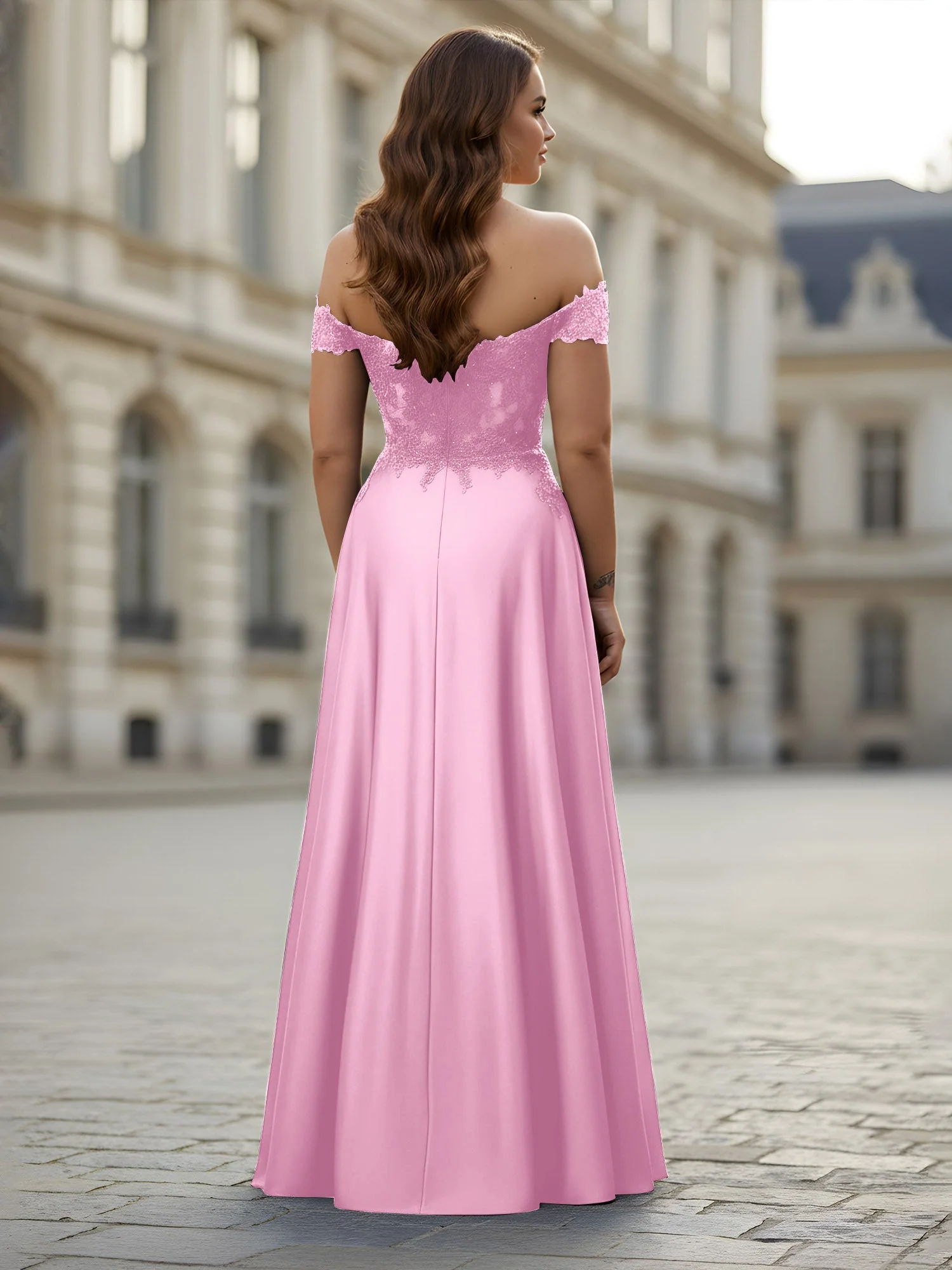 Schulterfrei Applique Oberteil A-Linie Lang Kleid Bonbonrosa - Image 2