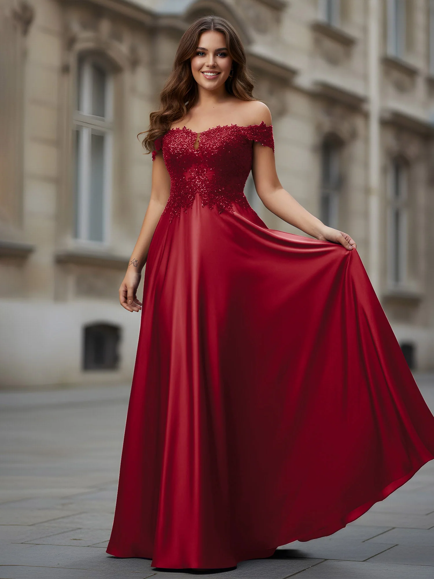 Schulterfrei Applique Oberteil A-Linie Lang Kleid Burgunderrot