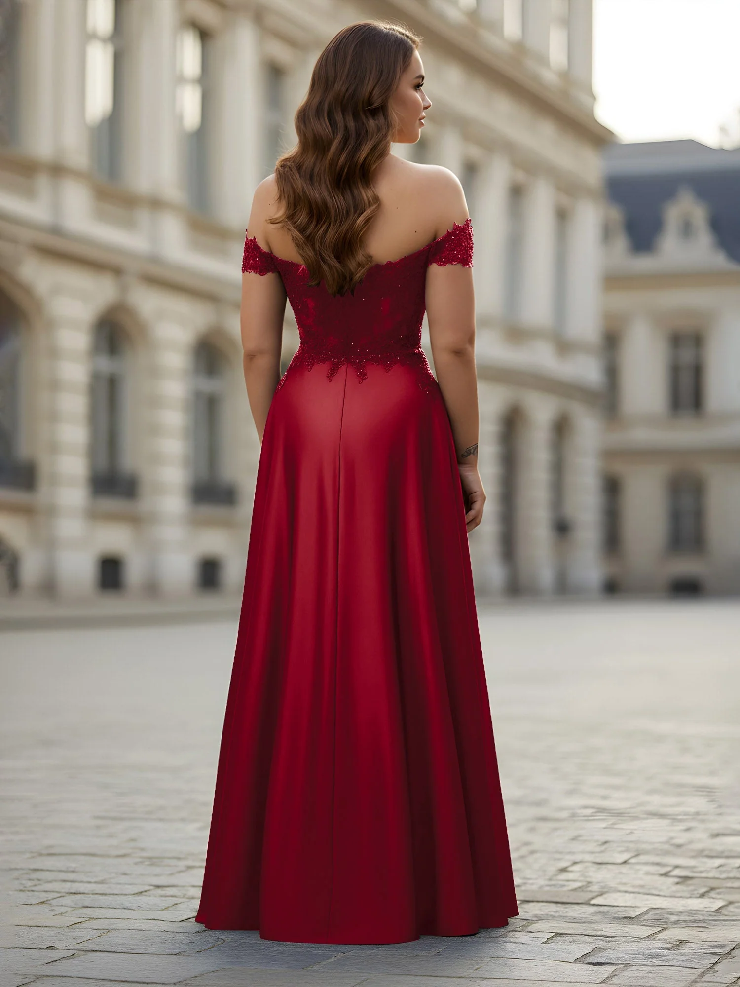 Schulterfrei Applique Oberteil A-Linie Lang Kleid Burgunderrot - Image 2