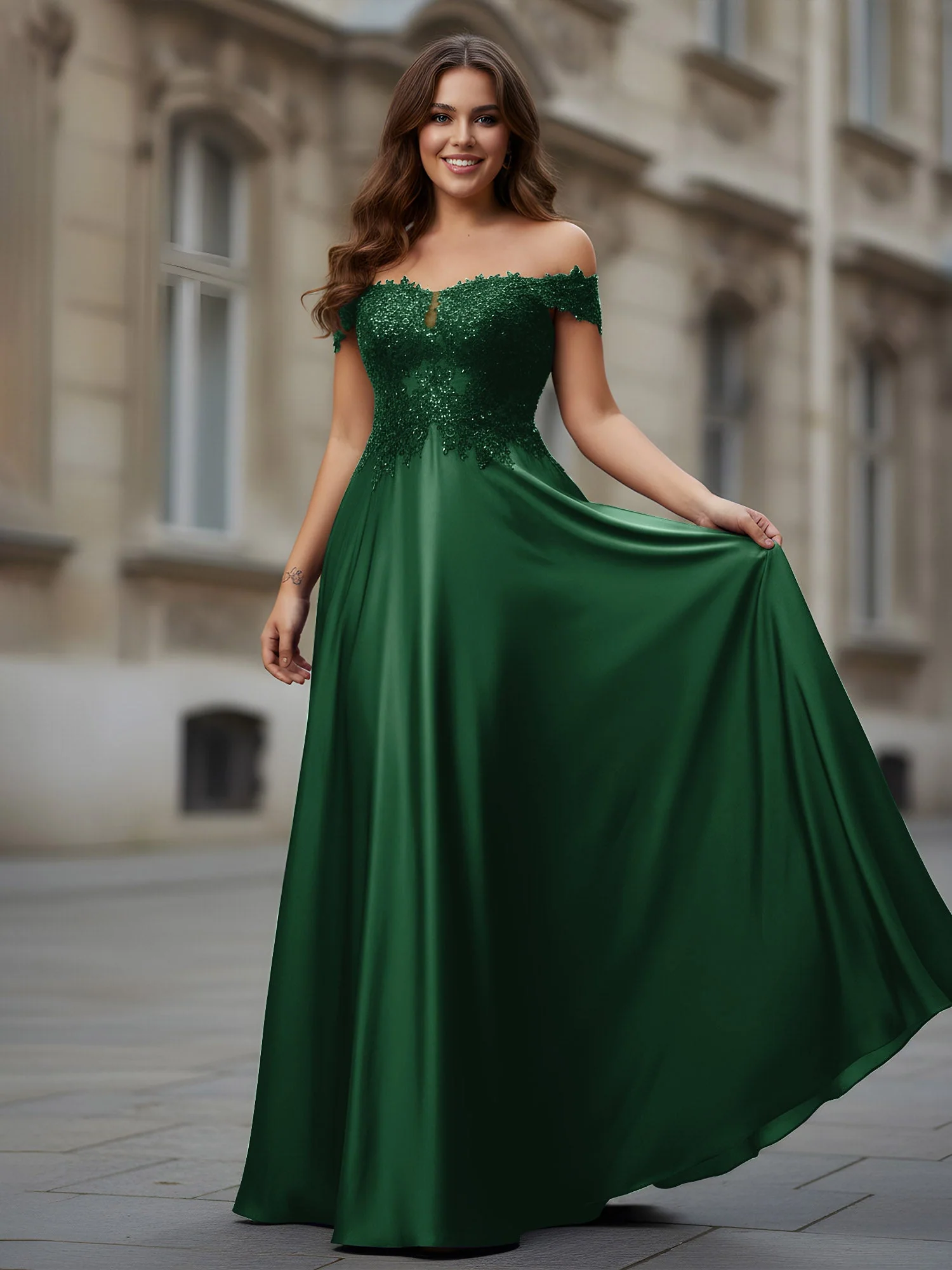 Schulterfrei Applique Oberteil A-Linie Lang Kleid Dunkelgrün