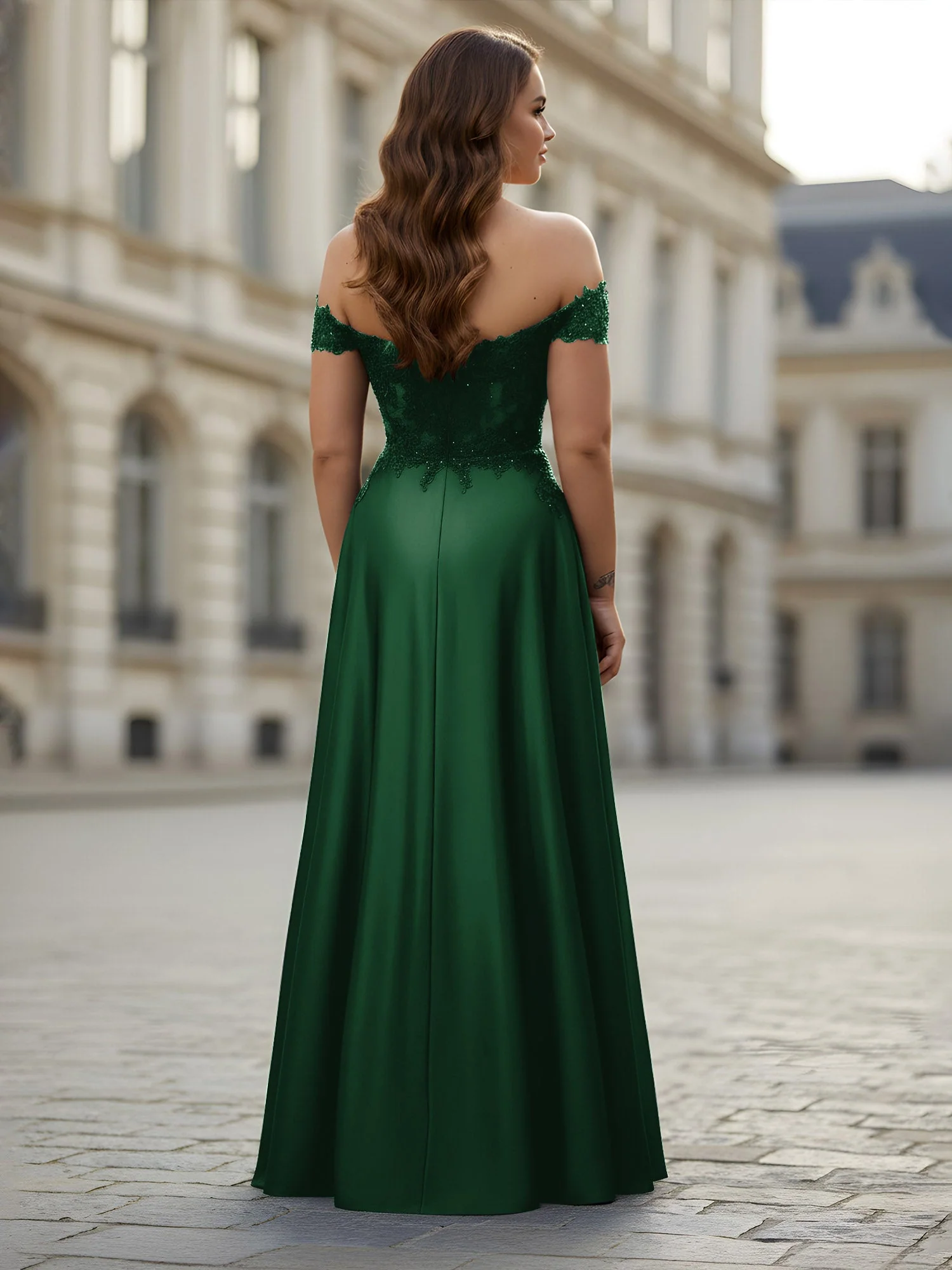Schulterfrei Applique Oberteil A-Linie Lang Kleid Dunkelgrün - Image 2