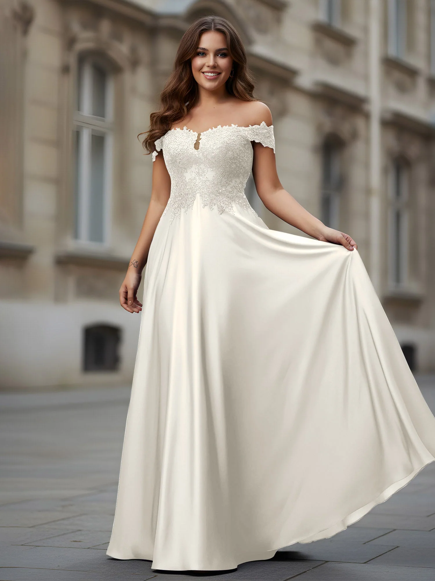 Schulterfrei Applique Oberteil A-Linie Lang Kleid Elfenbein