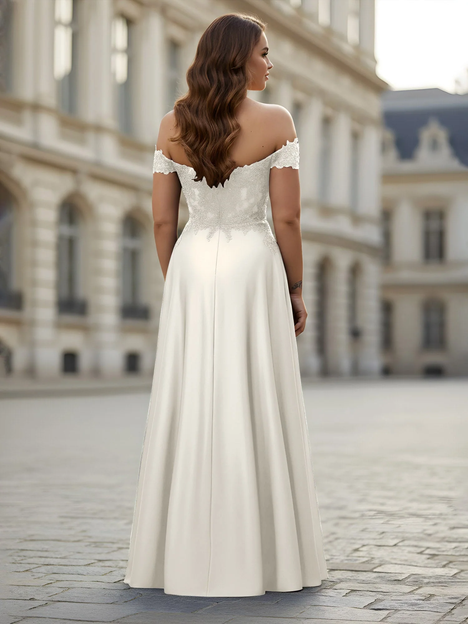 Schulterfrei Applique Oberteil A-Linie Lang Kleid Elfenbein - Image 2