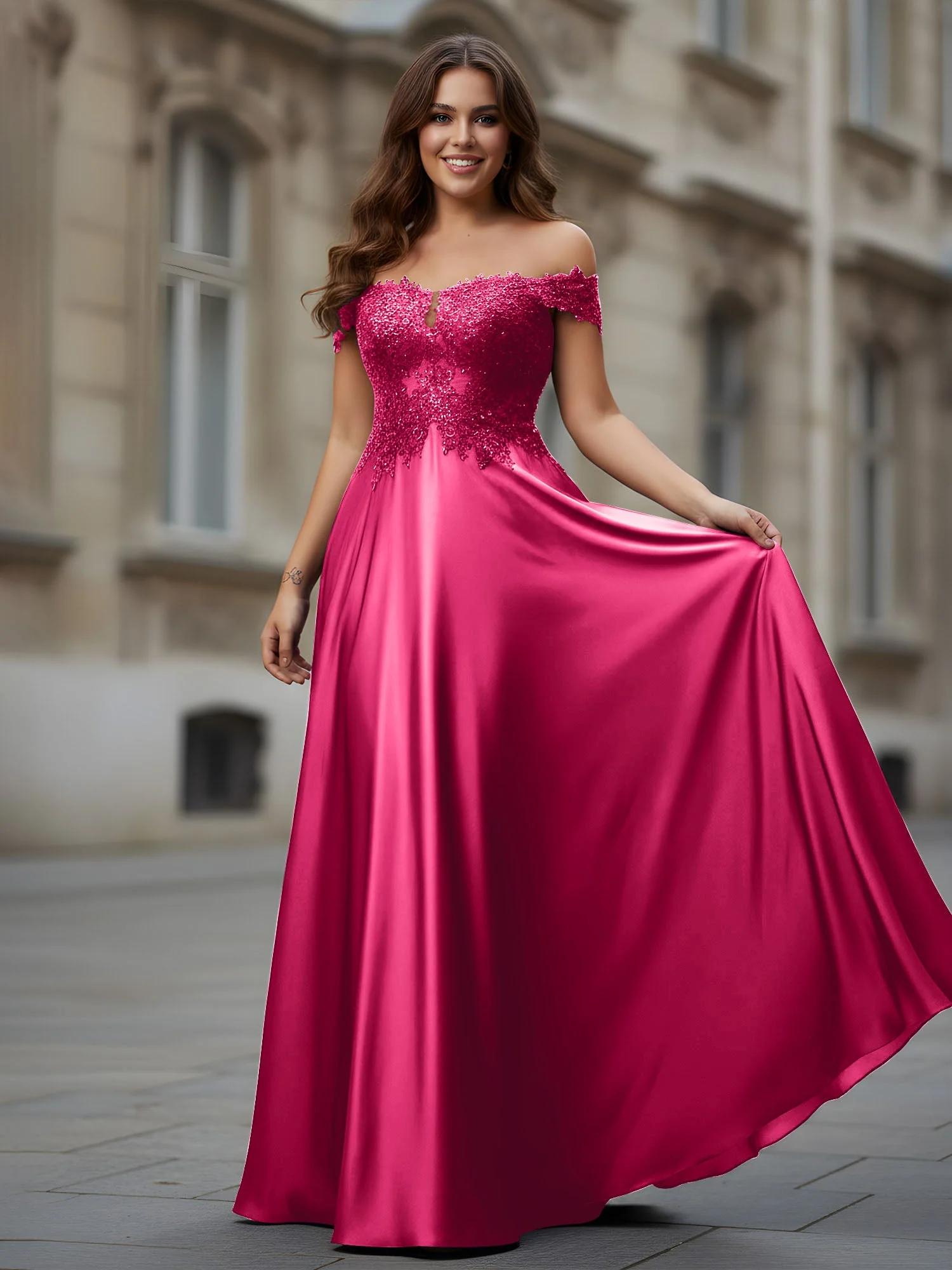 Schulterfrei Applique Oberteil A-Linie Lang Kleid Fuchsia