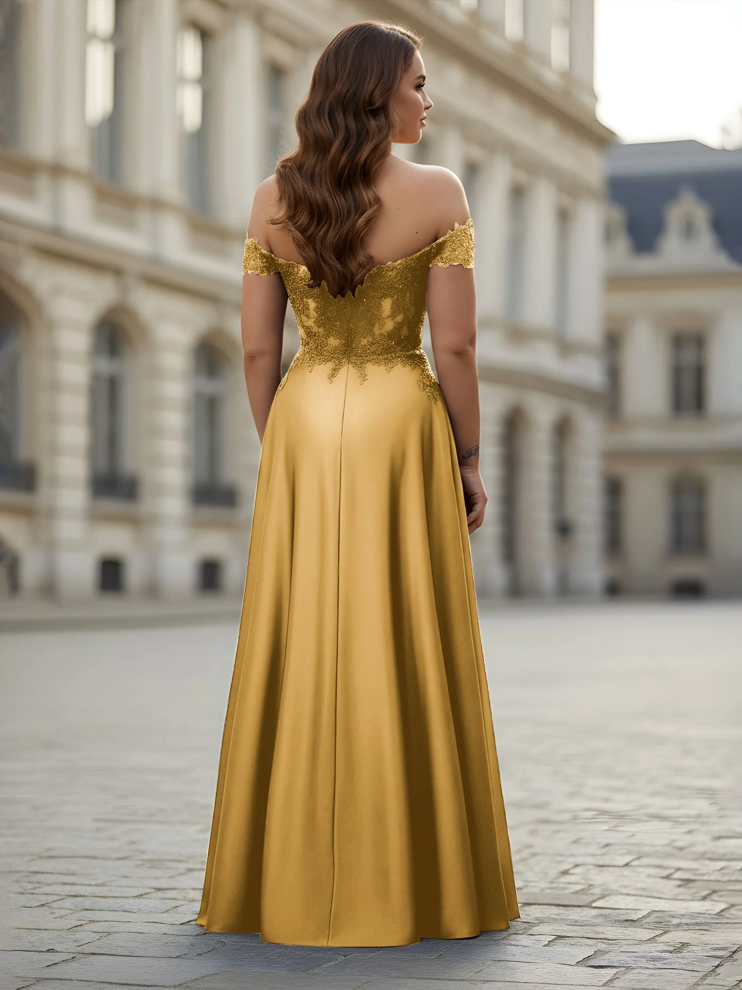 Schulterfrei Applique Oberteil A-Linie Lang Kleid Gold - Image 2
