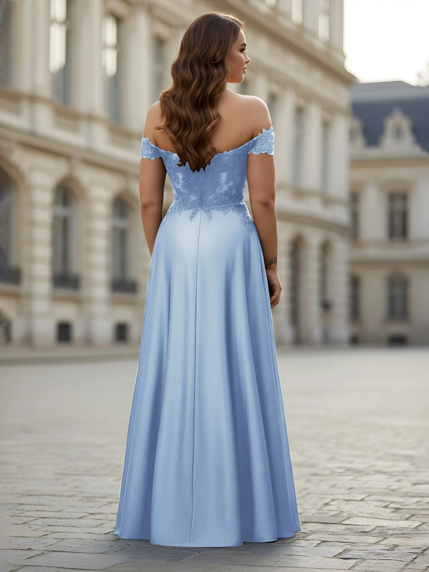 Schulterfrei Applique Oberteil A-Linie Lang Kleid Himmelblau - Image 2
